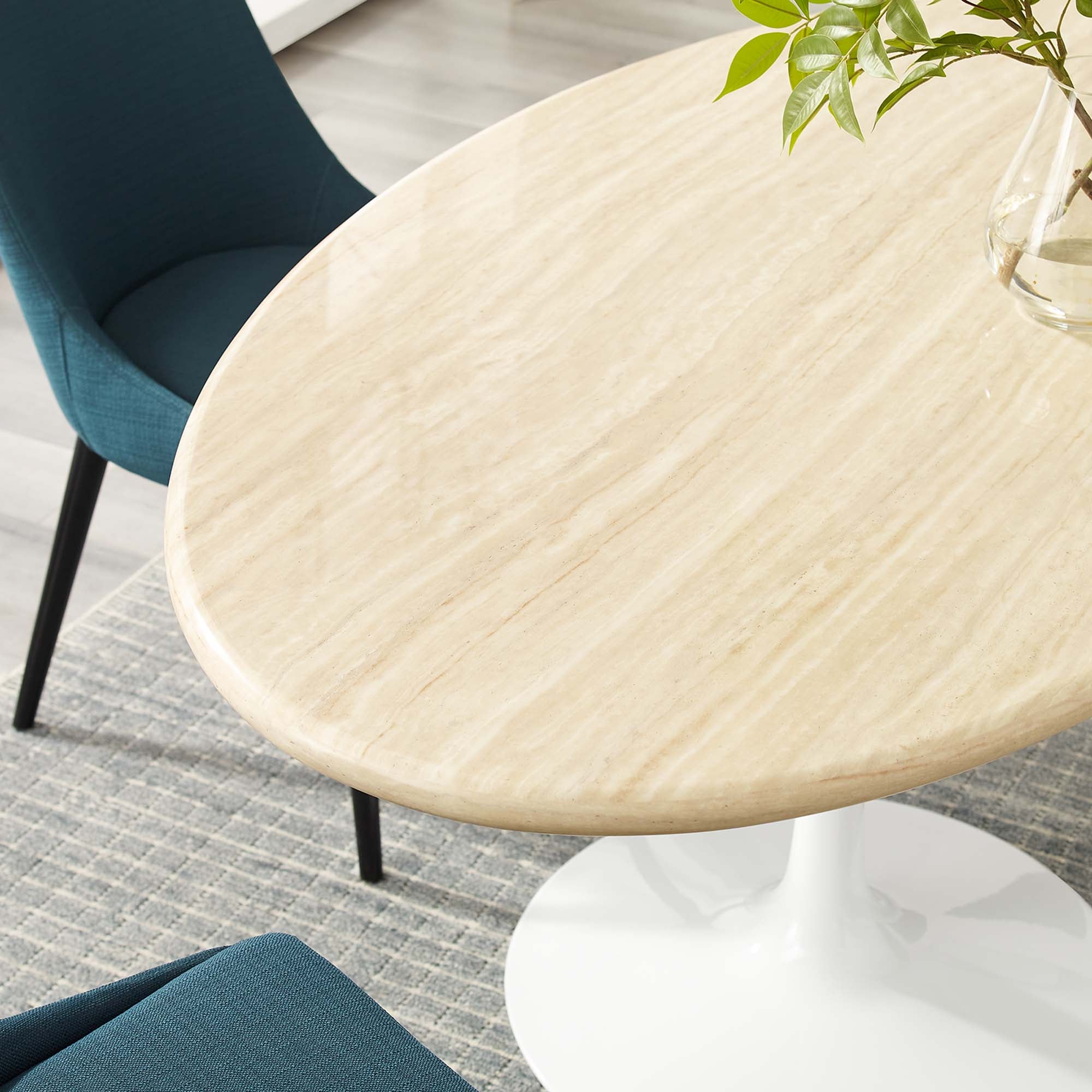 Lippa 60" Oval Faux Travertine Dining Table, White Traventine