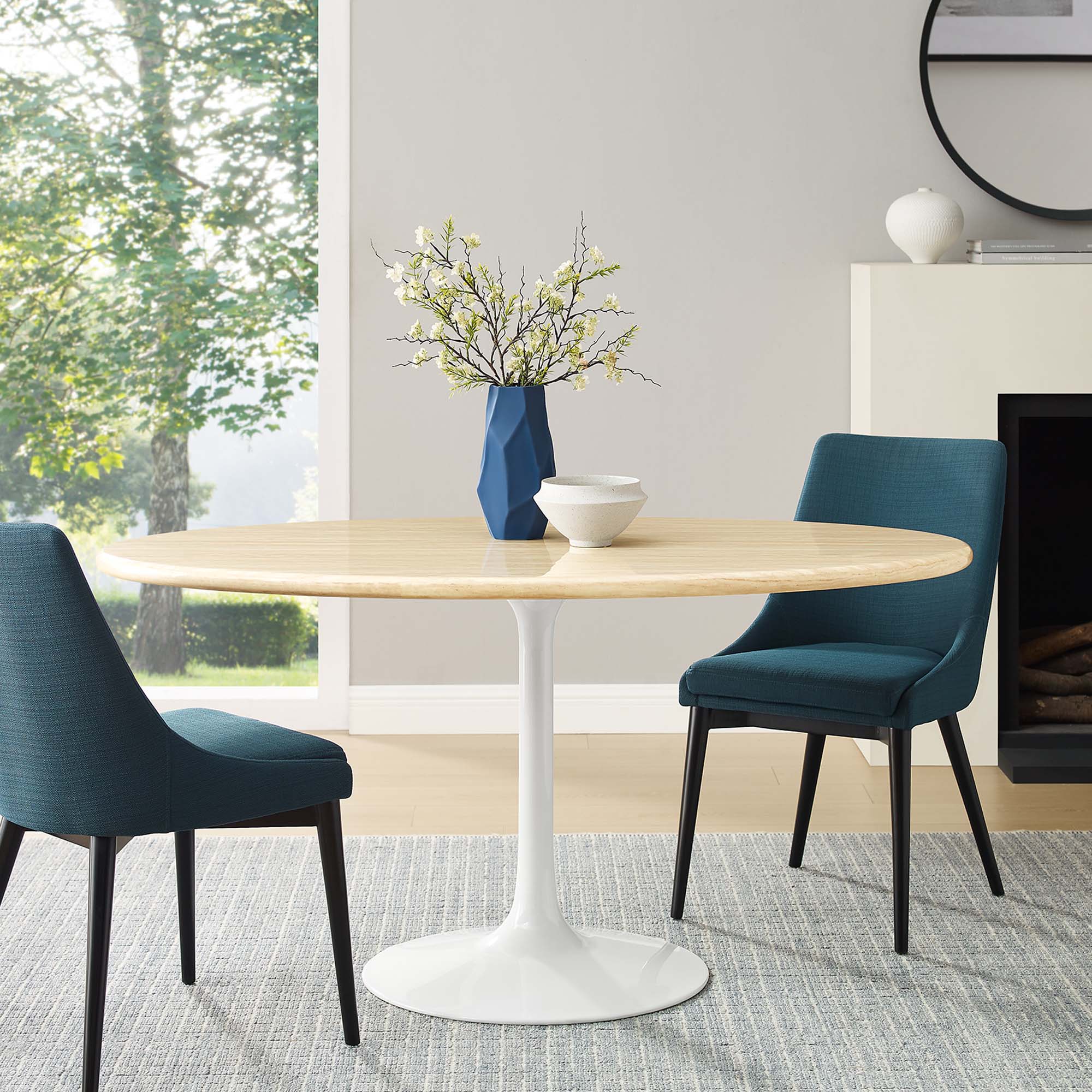 Lippa 60" Oval Faux Travertine Dining Table, White Traventine