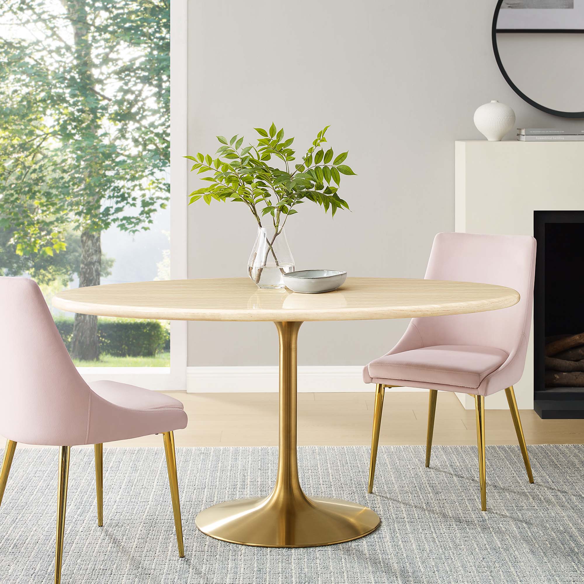 Lippa 60" Oval Faux Travertine Dining Table, Gold Travertine