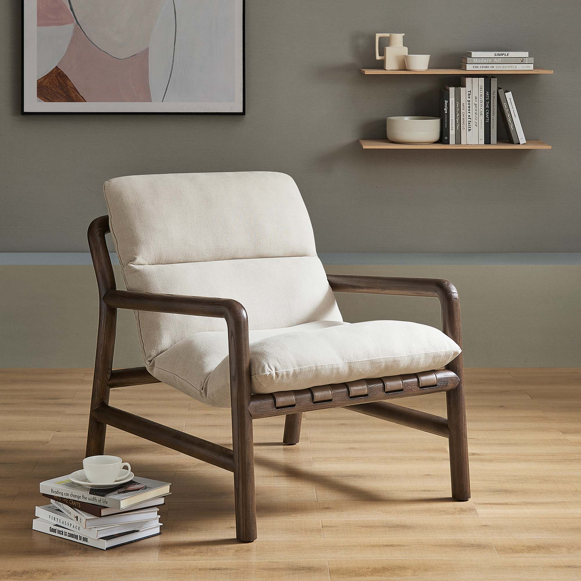 Paxton Wood Sling Chair, Dune Fabric Walnut