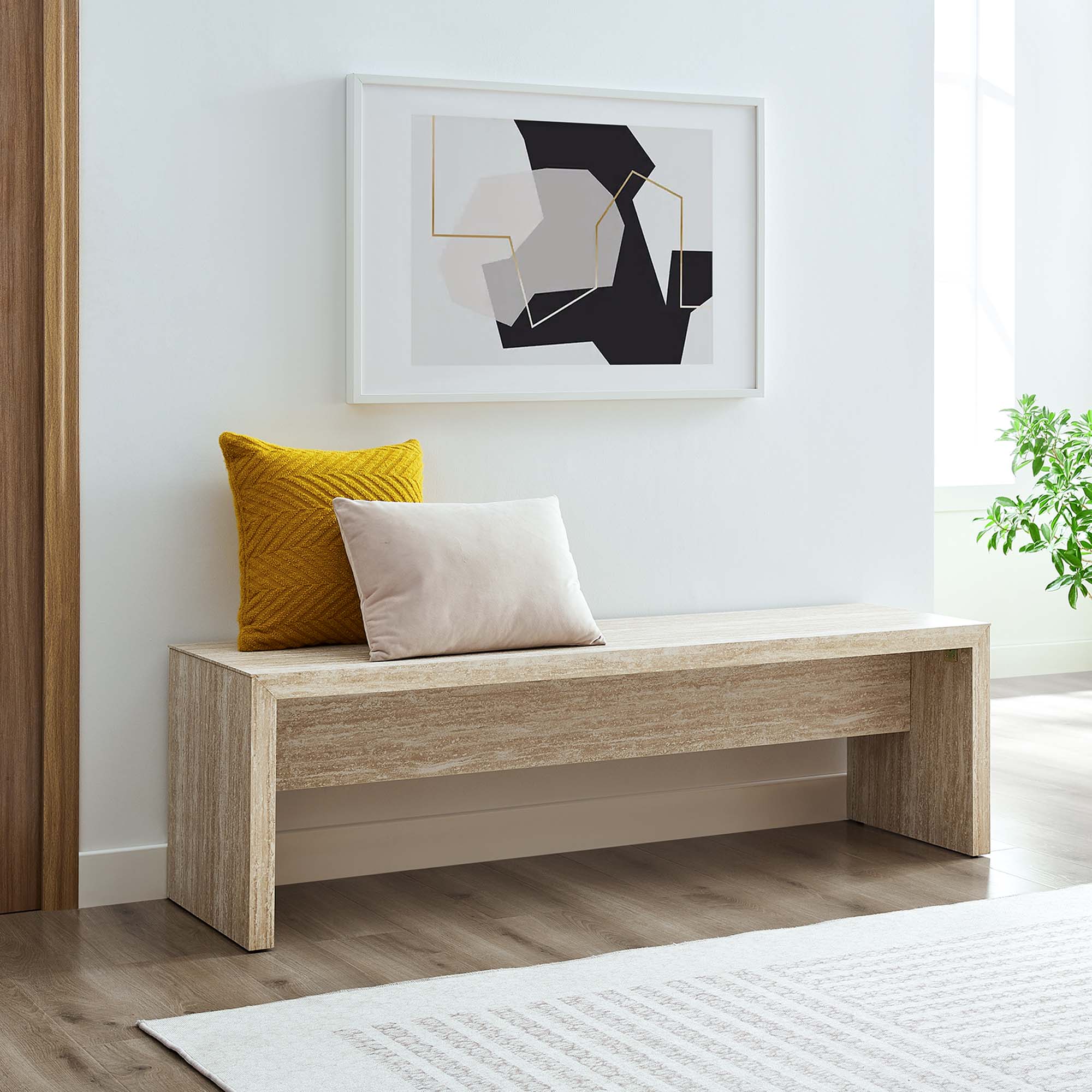 Mirella 62" Faux Travertine Long Bench, Travertine