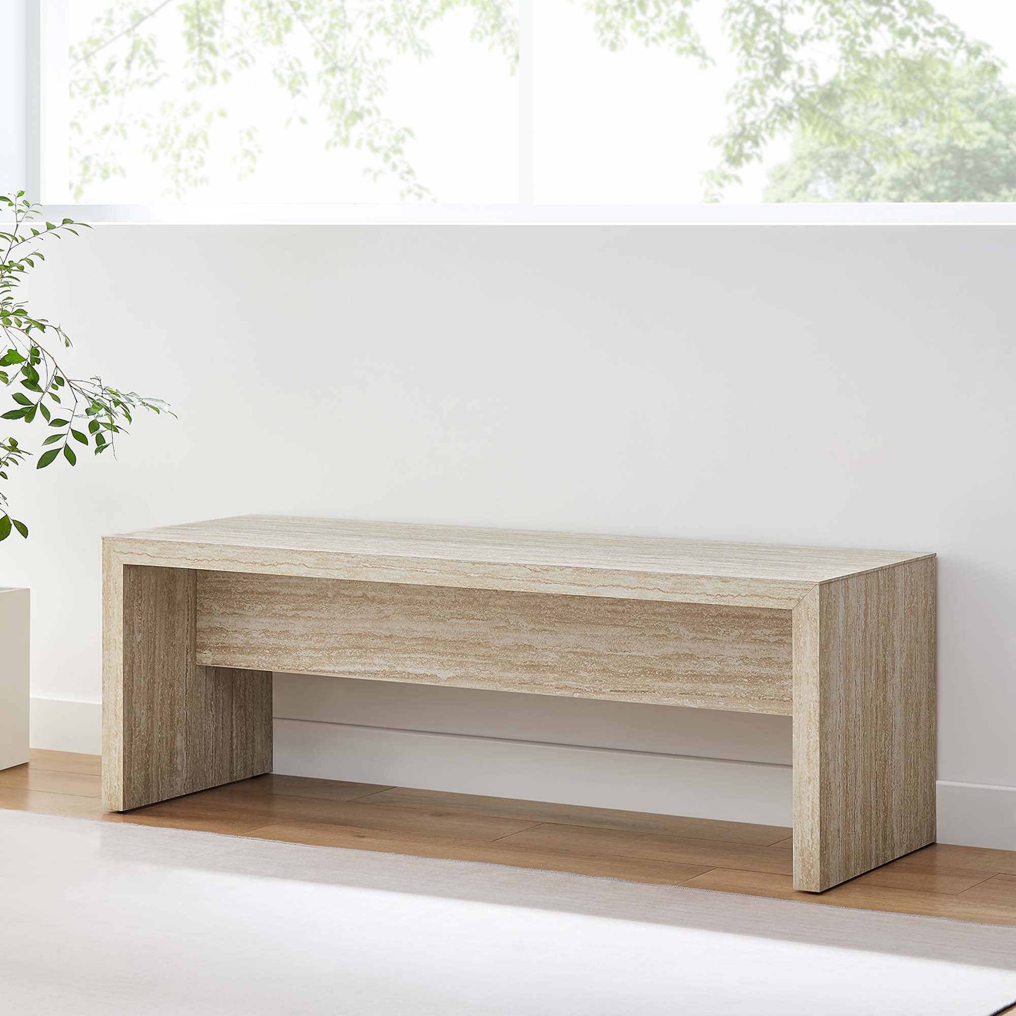 Mirella 53.5" Faux Travertine Bench, Travertine