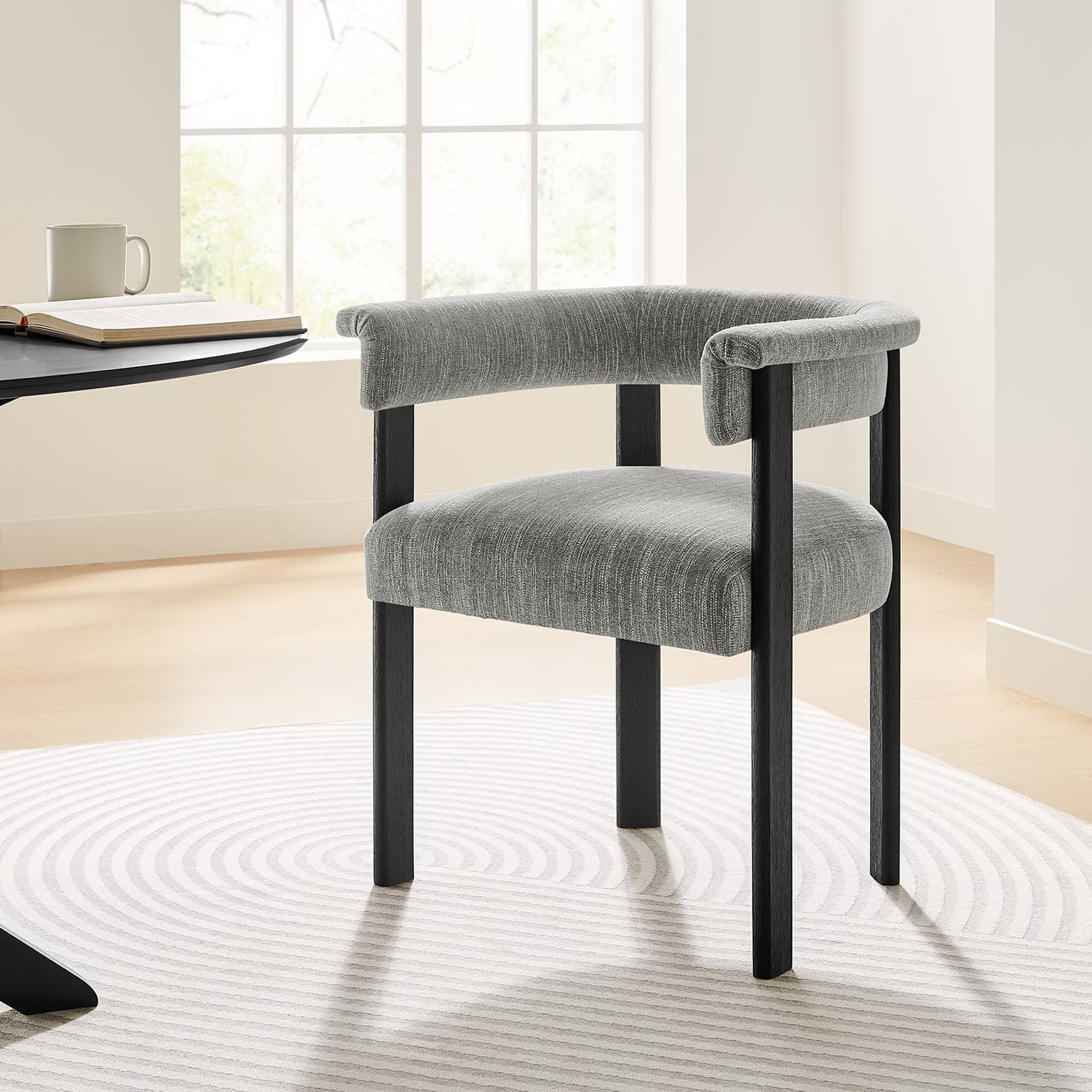 Imogen Fabric Upholstered Barrel Dining Chairs Set of 2, Heathered Weave Gray Black