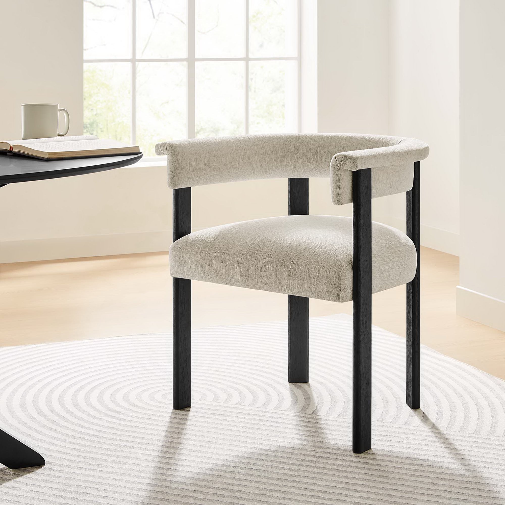 Imogen Fabric Upholstered Barrel Dining Chairs Set of 2, Heathered Weave Ivory Black