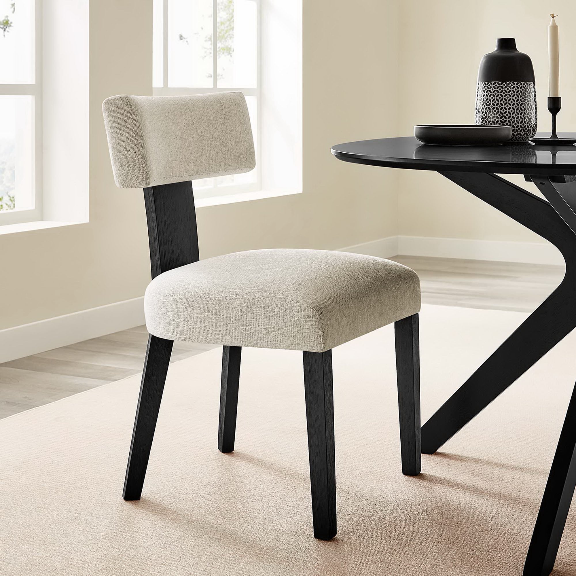 Nalani Fabric Upholstered Dining Chairs Set of 2, Heathered Weave Ivory Black