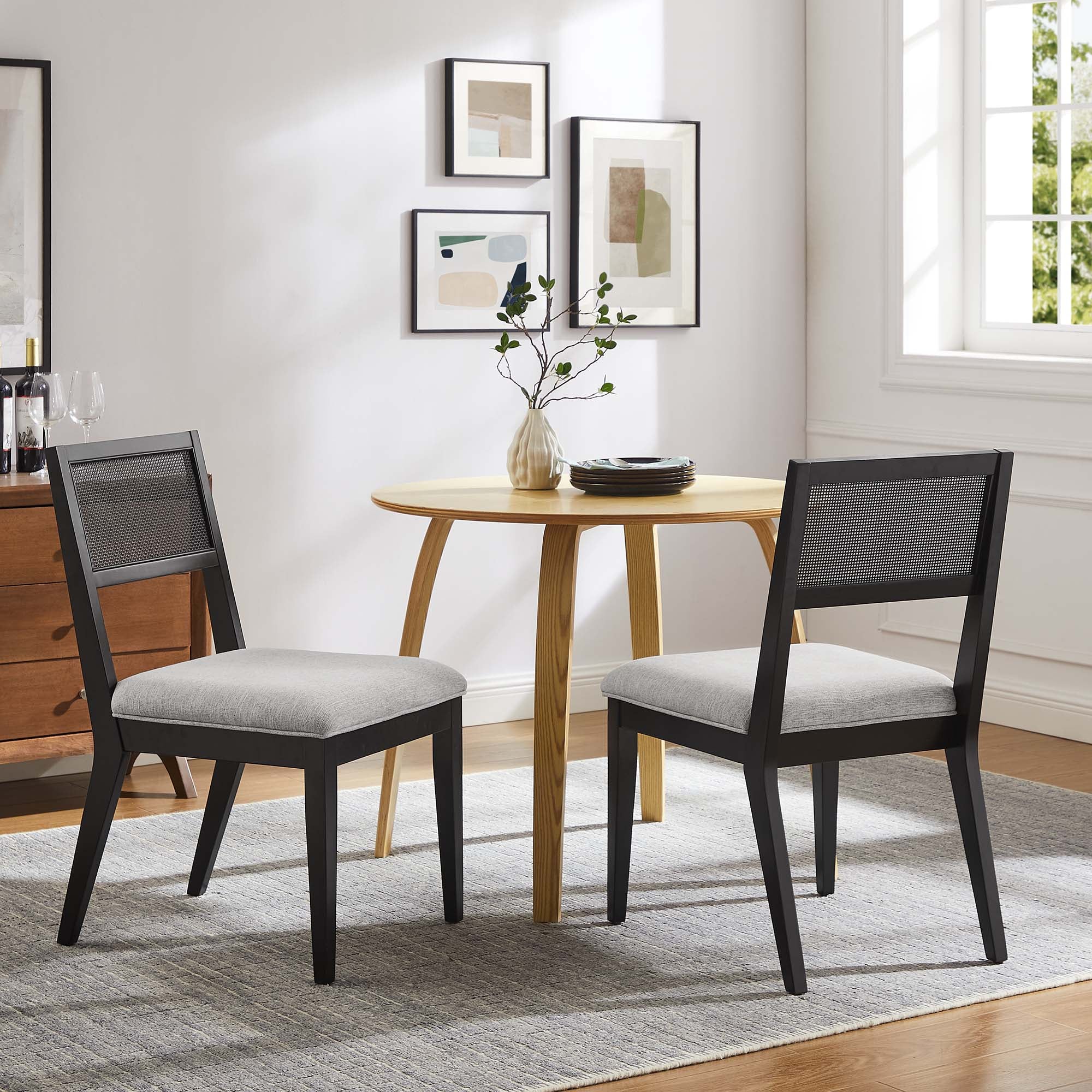 Nimba Faux Rattan Fabric Dining Chairs Set of 2, Heathered Weave Light Gray