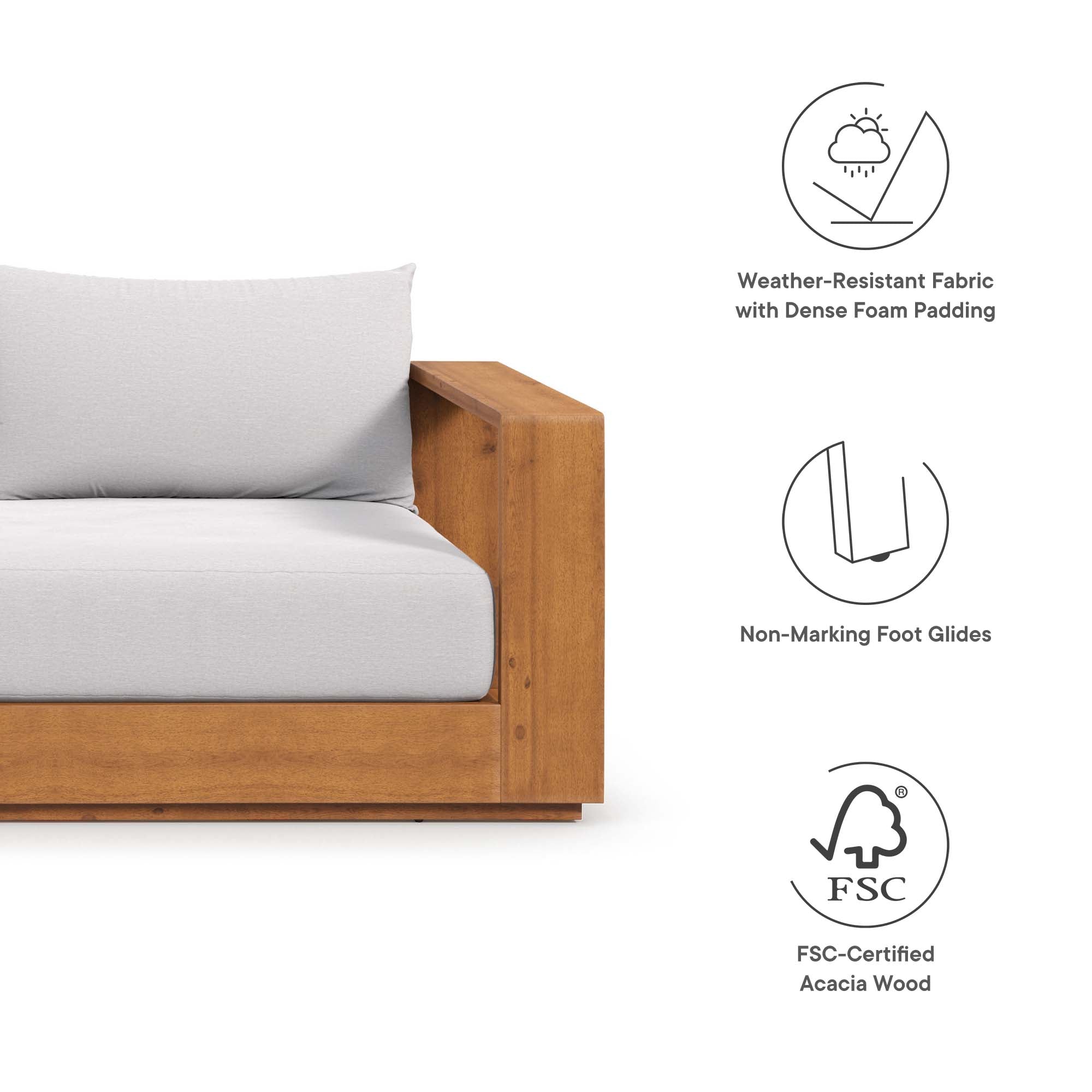 Tahoe Outdoor Patio Acacia Wood Sofa, Natural Light Gray