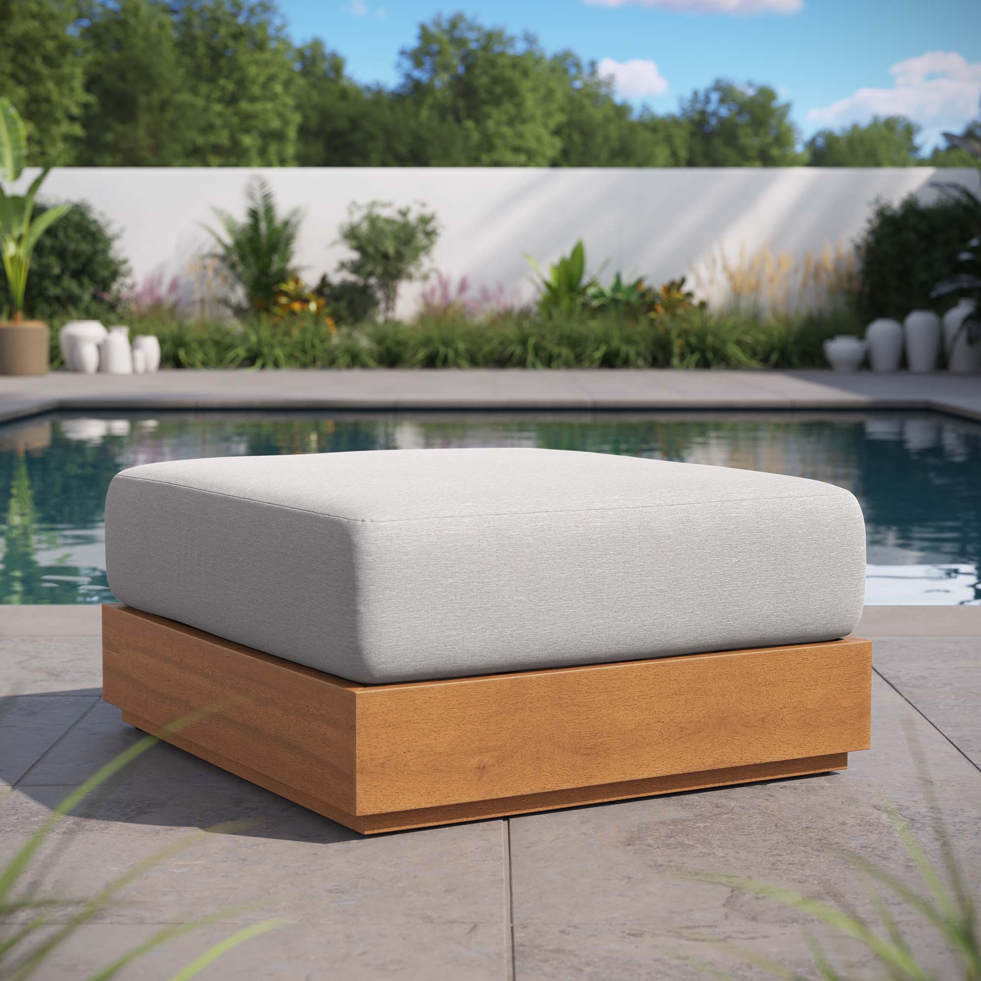 Tahoe Outdoor Patio Acacia Wood Ottoman, Natural Light Gray