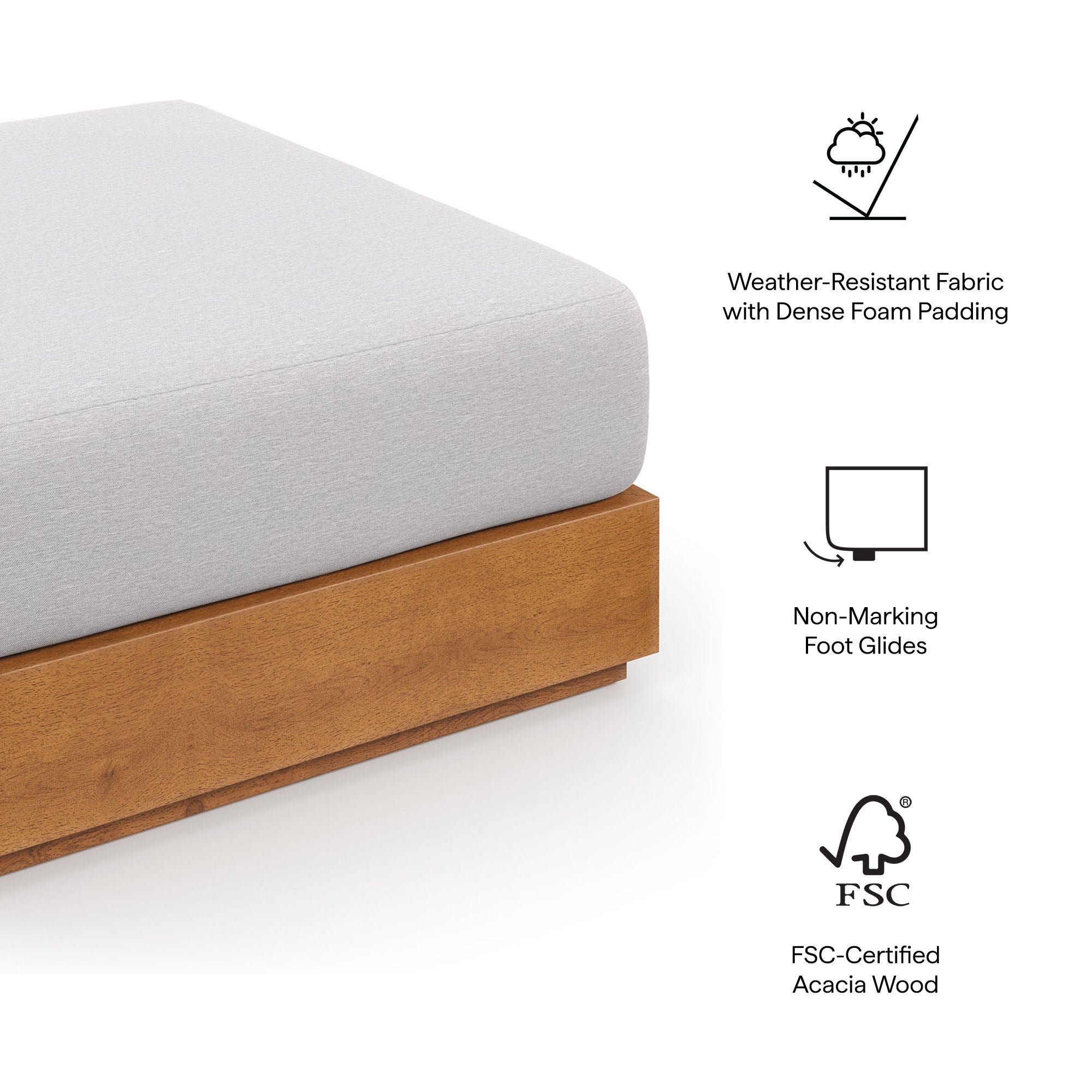 Tahoe Outdoor Patio Acacia Wood Ottoman, Natural Light Gray