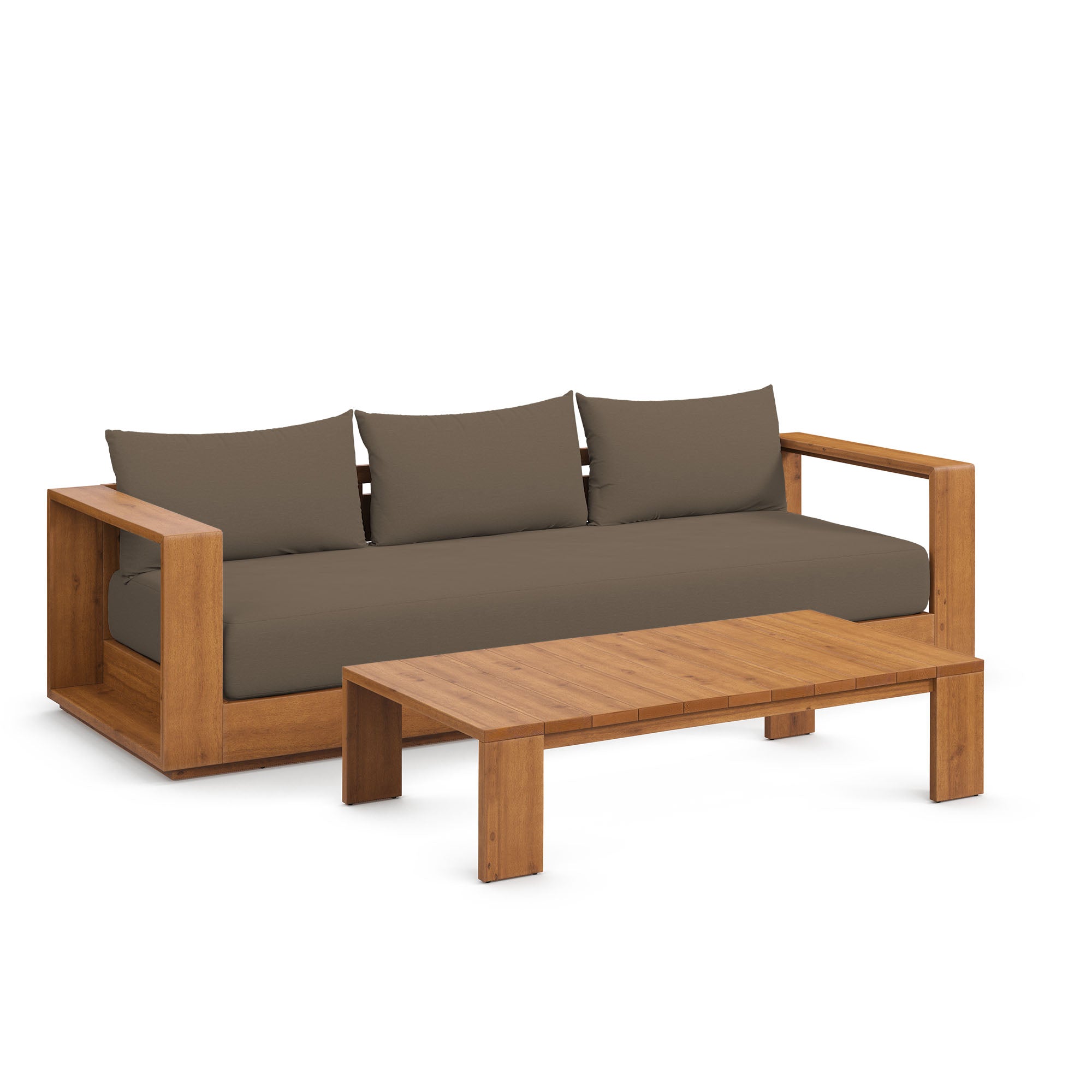 Tahoe 2-Piece Outdoor Patio Acacia Wood Sofa and Coffee Table Set, Natural Cocoa