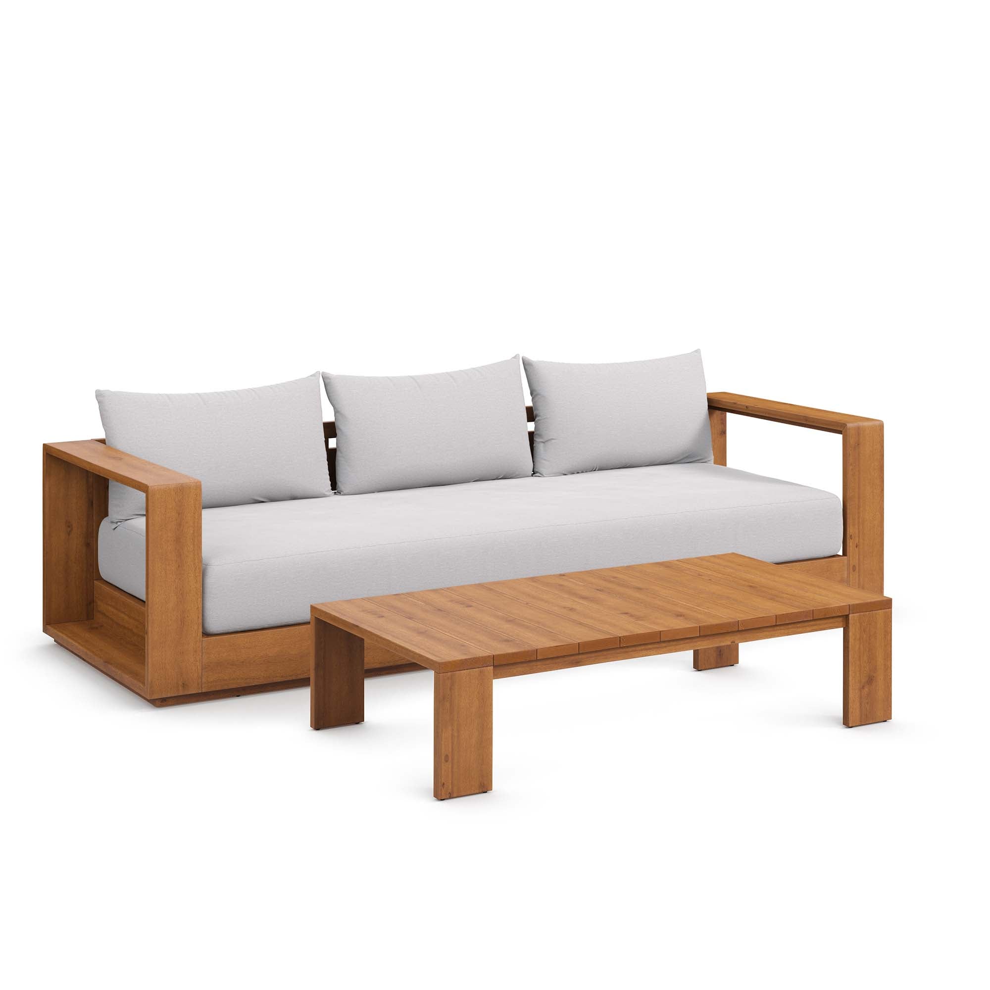Tahoe 2-Piece Outdoor Patio Acacia Wood Sofa and Coffee Table Set, Natural Light Gray