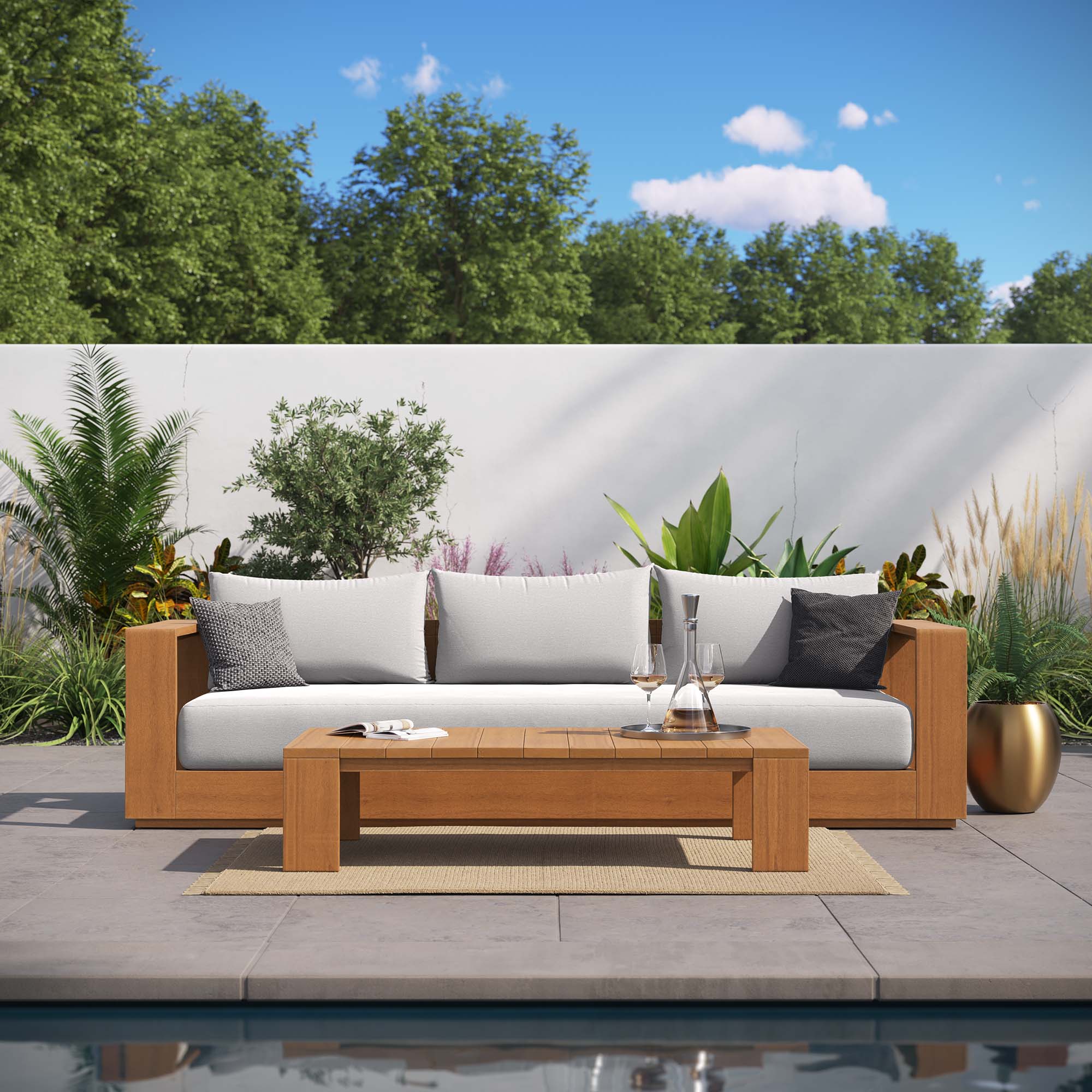 Tahoe 2-Piece Outdoor Patio Acacia Wood Sofa and Coffee Table Set, Natural Light Gray