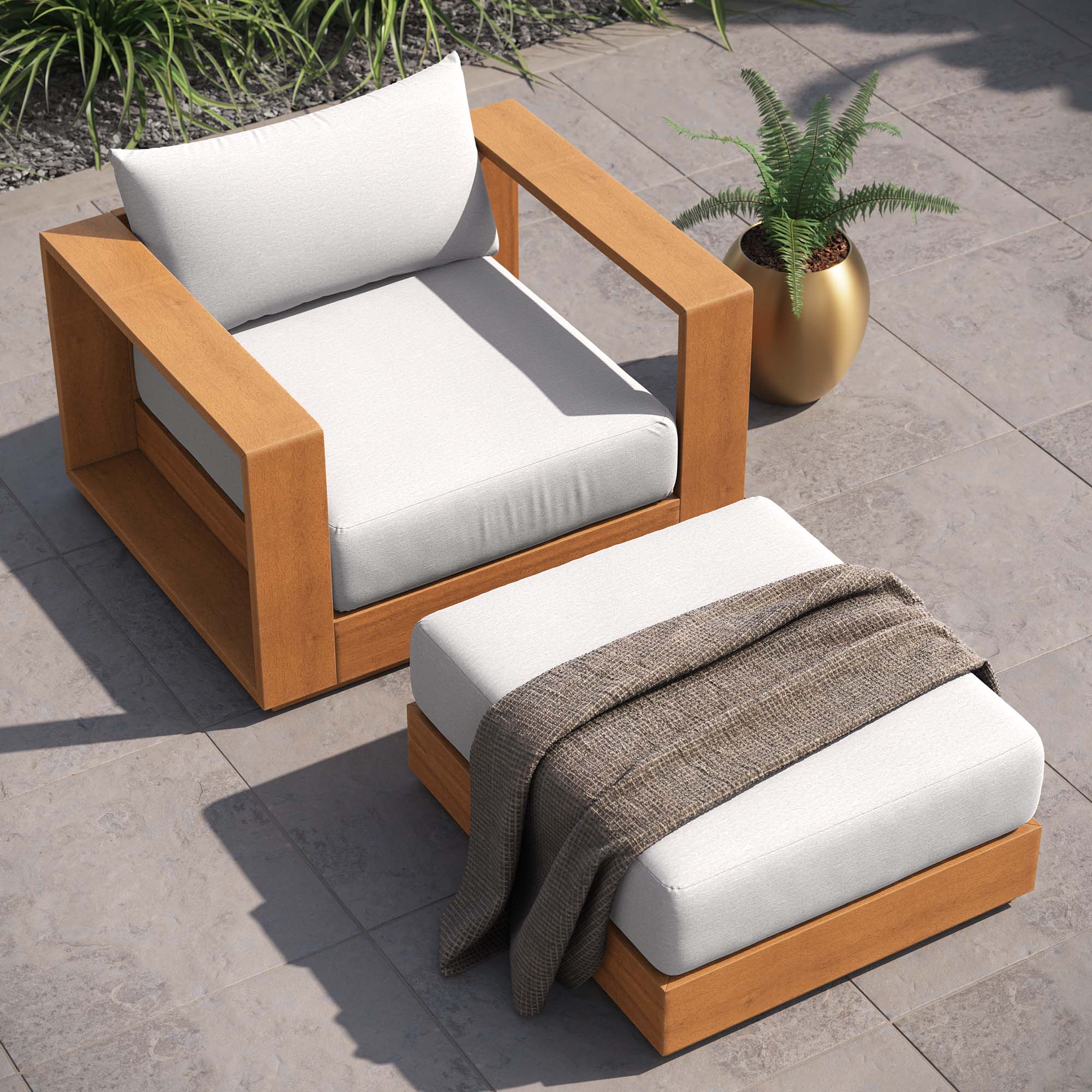 Tahoe 2-Piece Outdoor Patio Acacia Wood Armchair and Ottoman Set, Natural Light Gray