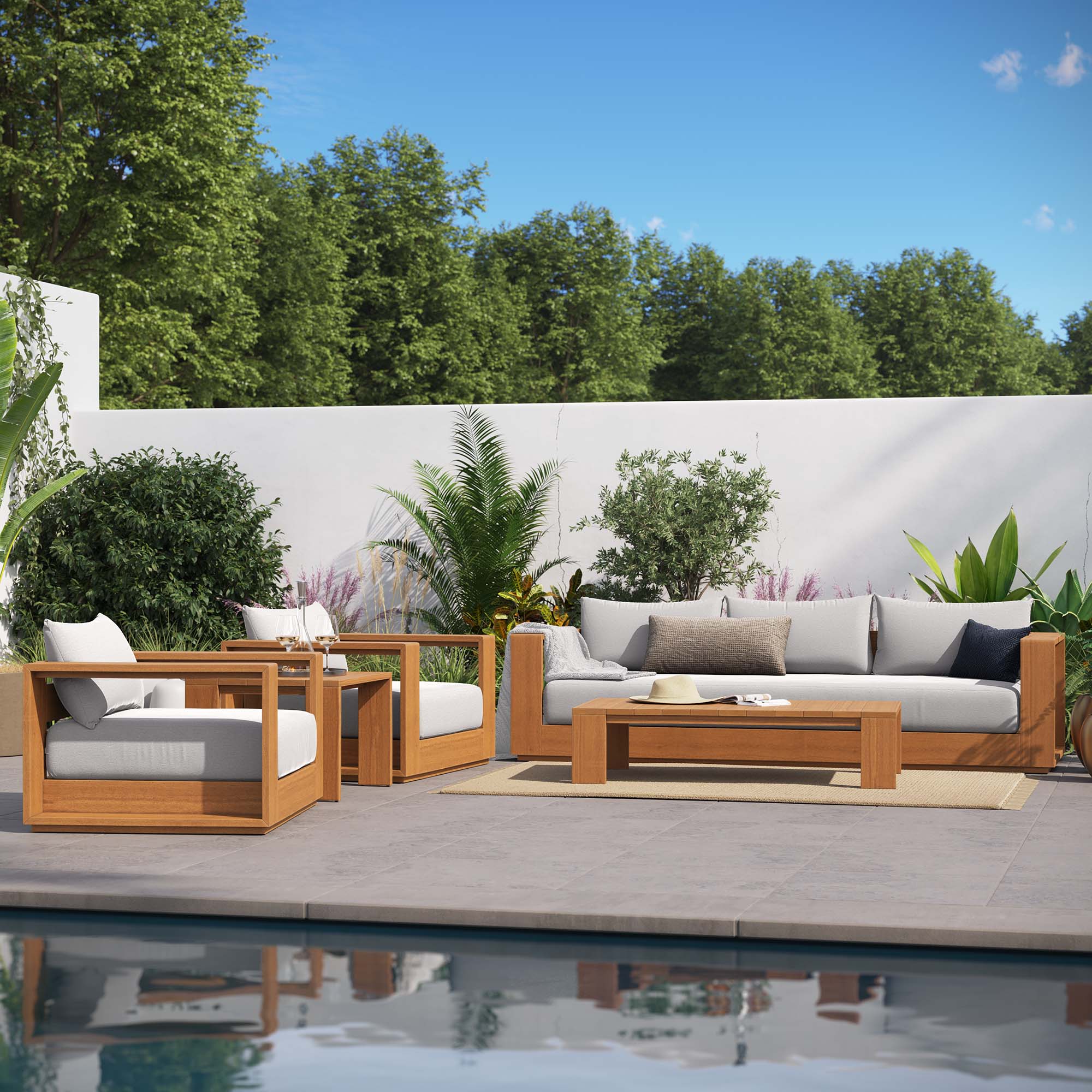 Tahoe 5-Piece Outdoor Patio Acacia Wood Furniture Set, Natural Light Gray