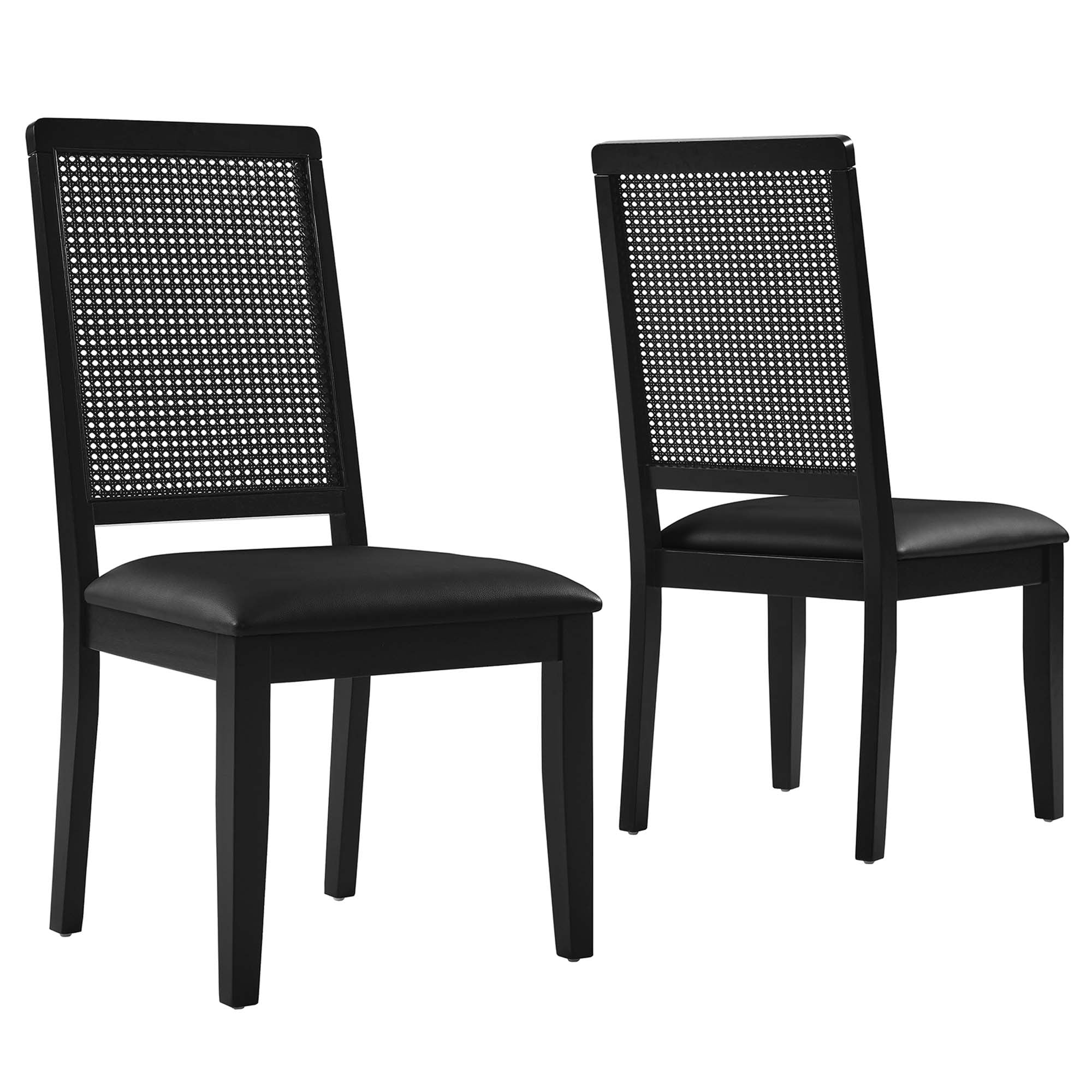 Arlo Vegan Leather Upholstered Faux Rattan and Wood Dining Side Chairs Set of 2, Black Black