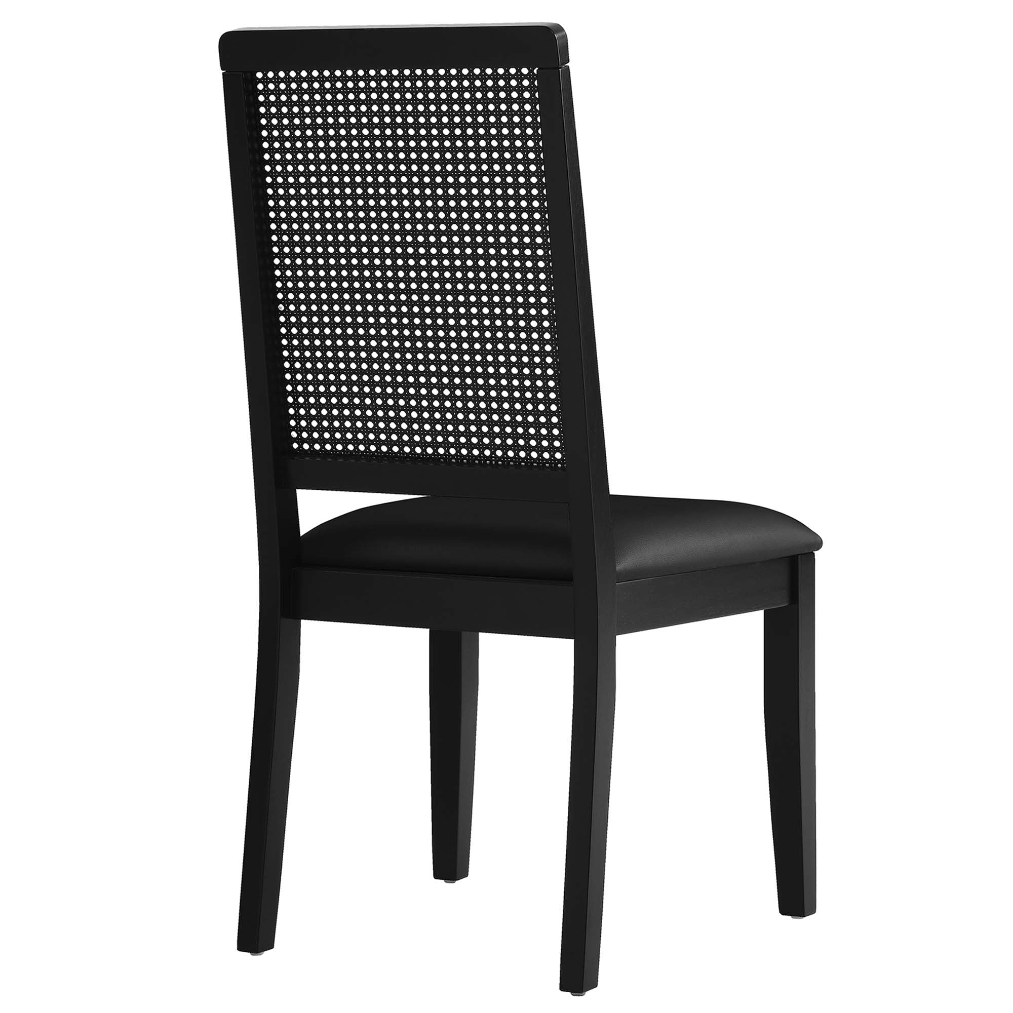 Arlo Vegan Leather Upholstered Faux Rattan and Wood Dining Side Chairs Set of 2, Black Black