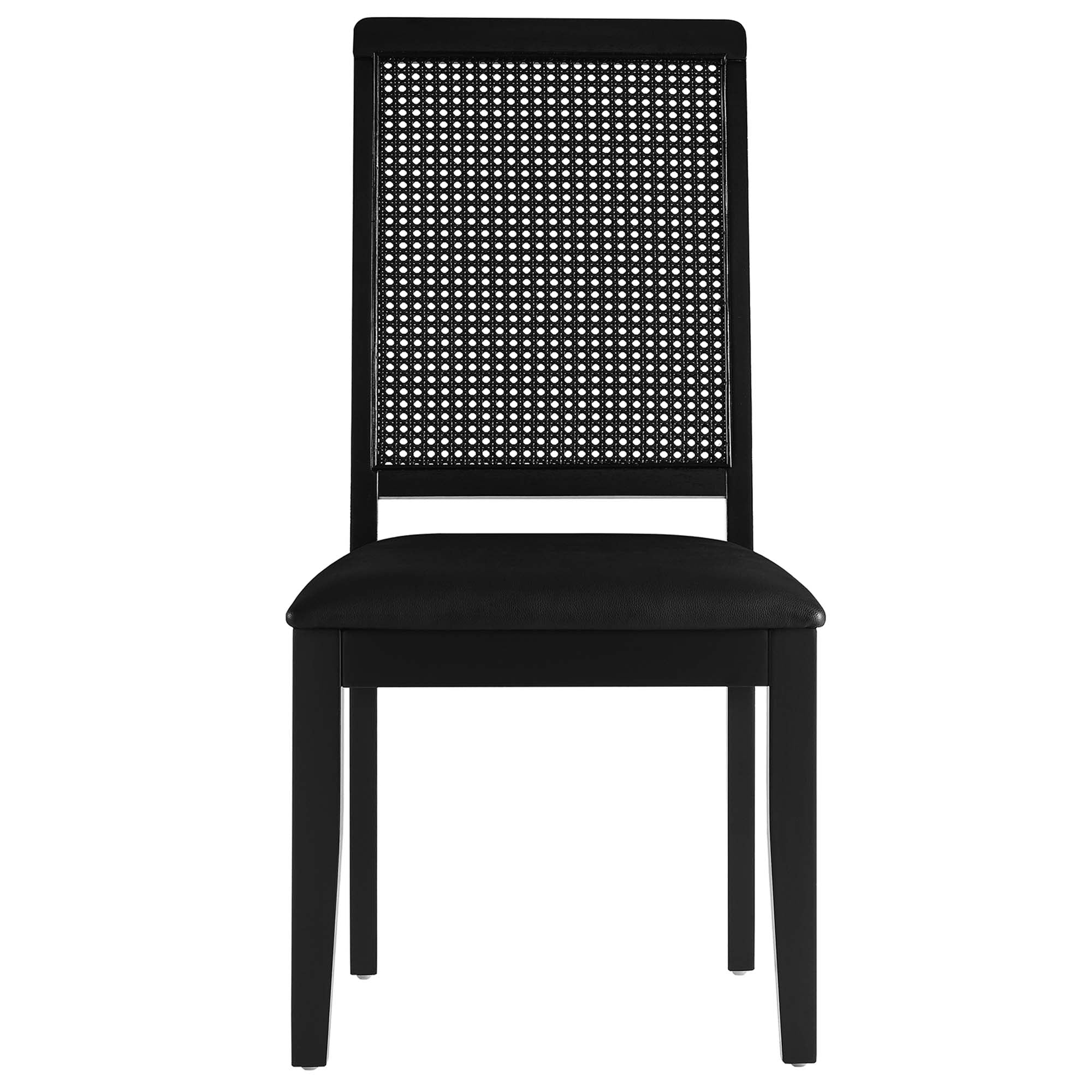 Arlo Vegan Leather Upholstered Faux Rattan and Wood Dining Side Chairs Set of 2, Black Black