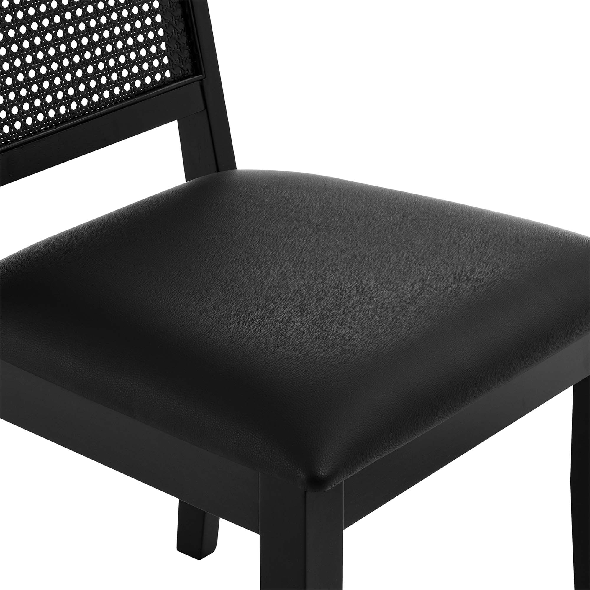 Arlo Vegan Leather Upholstered Faux Rattan and Wood Dining Side Chairs Set of 2, Black Black