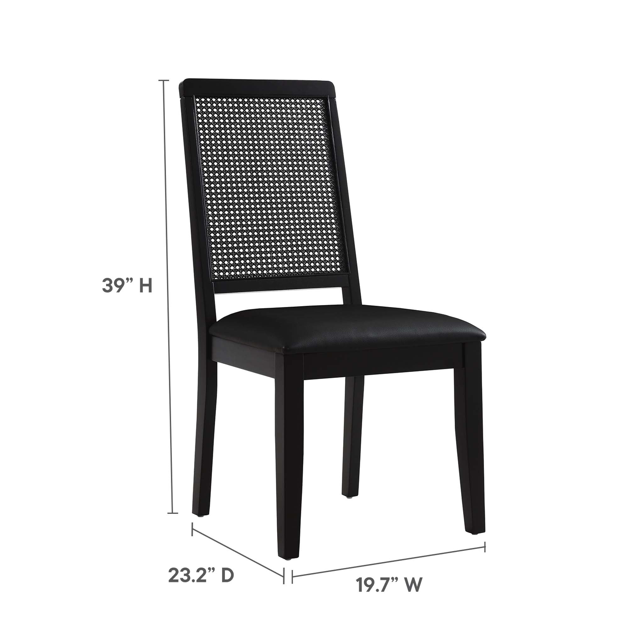 Arlo Vegan Leather Upholstered Faux Rattan and Wood Dining Side Chairs Set of 2, Black Black
