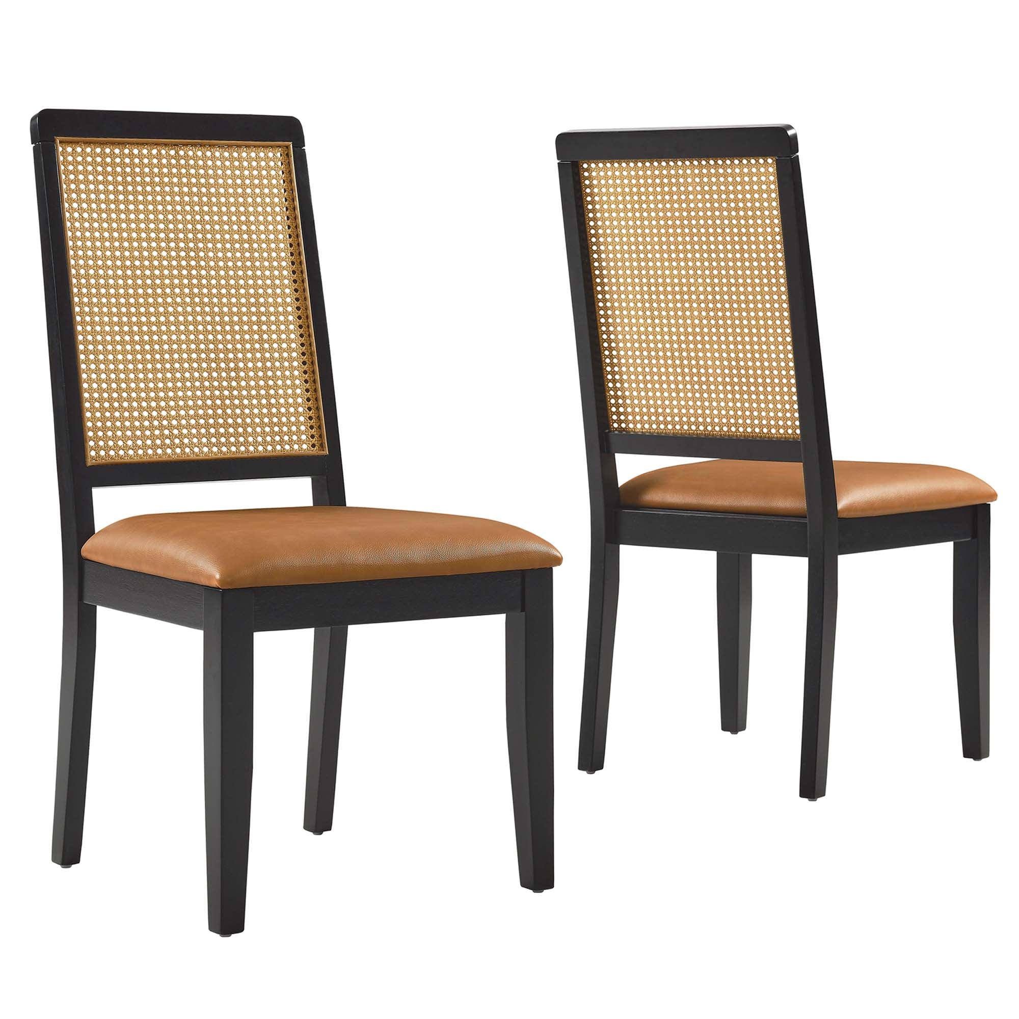 Arlo Vegan Leather Upholstered Faux Rattan and Wood Dining Side Chairs Set of 2, Black Natural Tan