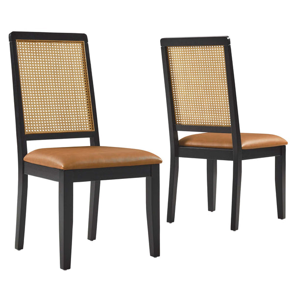 Arlo Vegan Leather Upholstered Faux Rattan and Wood Dining Side Chairs Set of 2, Black Natural Tan