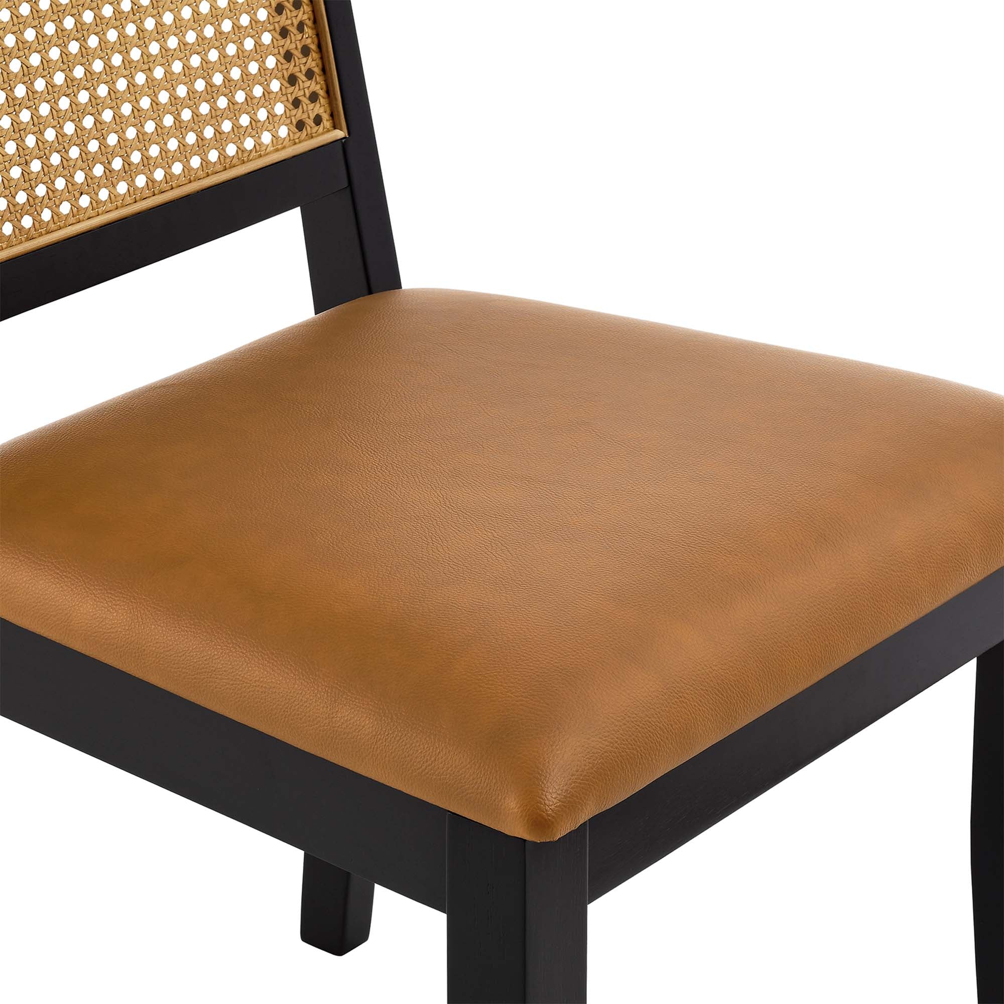 Arlo Vegan Leather Upholstered Faux Rattan and Wood Dining Side Chairs Set of 2, Black Natural Tan