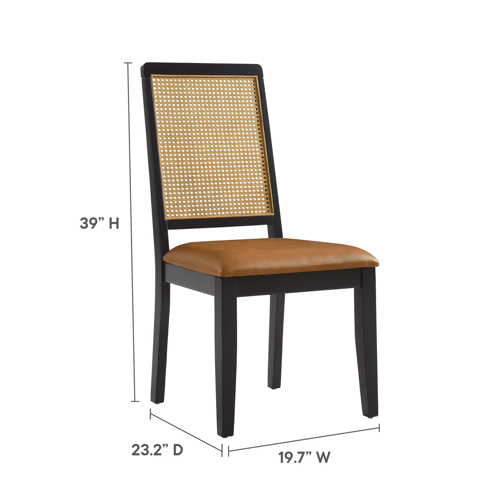 Arlo Vegan Leather Upholstered Faux Rattan and Wood Dining Side Chairs Set of 2, Black Natural Tan