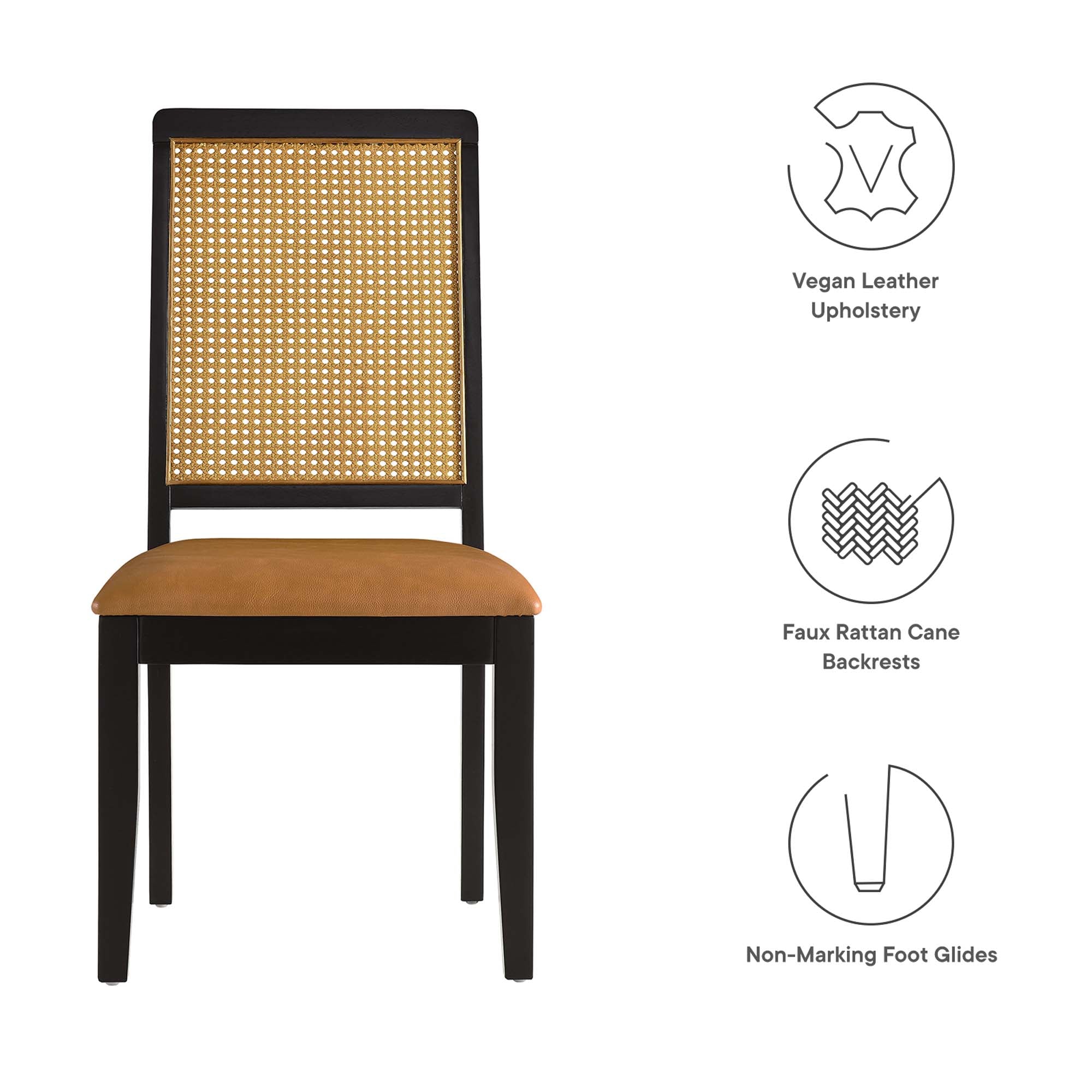 Arlo Vegan Leather Upholstered Faux Rattan and Wood Dining Side Chairs Set of 2, Black Natural Tan