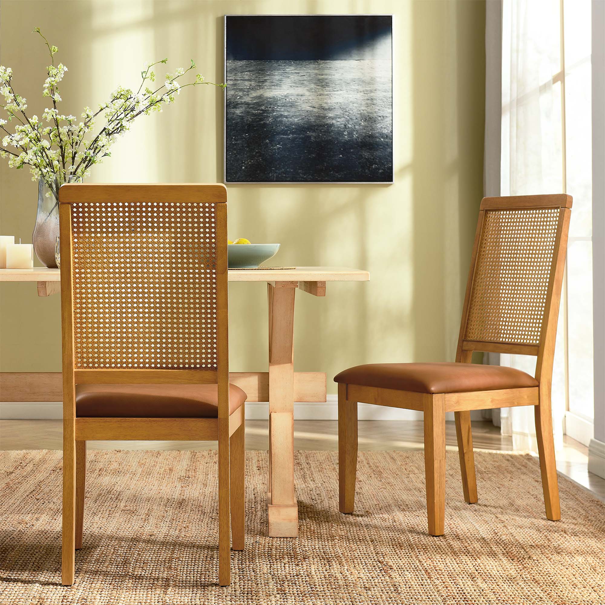 Arlo Vegan Leather Upholstered Faux Rattan and Wood Dining Side Chairs Set of 2, Natural Natural Tan