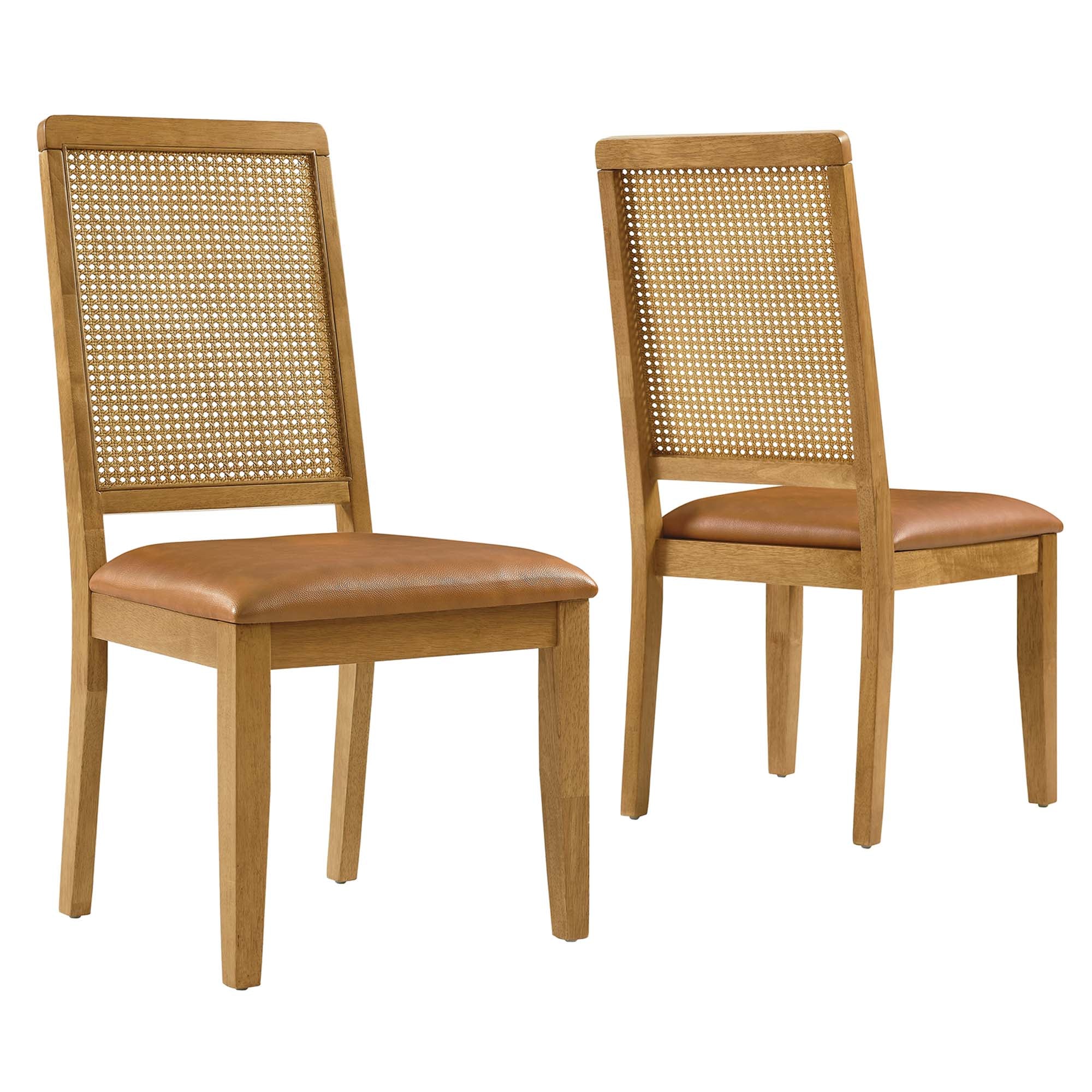 Arlo Vegan Leather Upholstered Faux Rattan and Wood Dining Side Chairs Set of 2, Natural Natural Tan