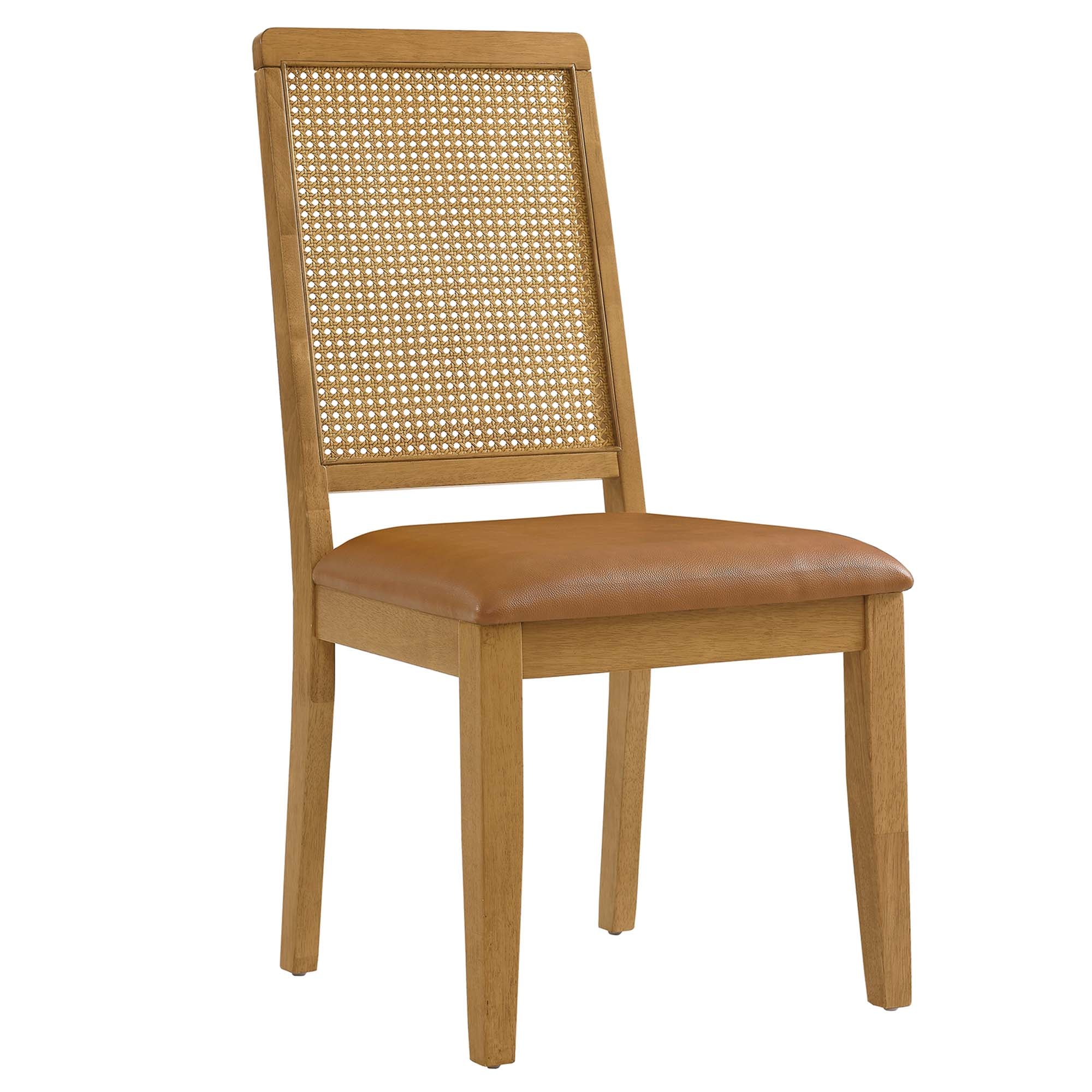 Arlo Vegan Leather Upholstered Faux Rattan and Wood Dining Side Chairs Set of 2, Natural Natural Tan