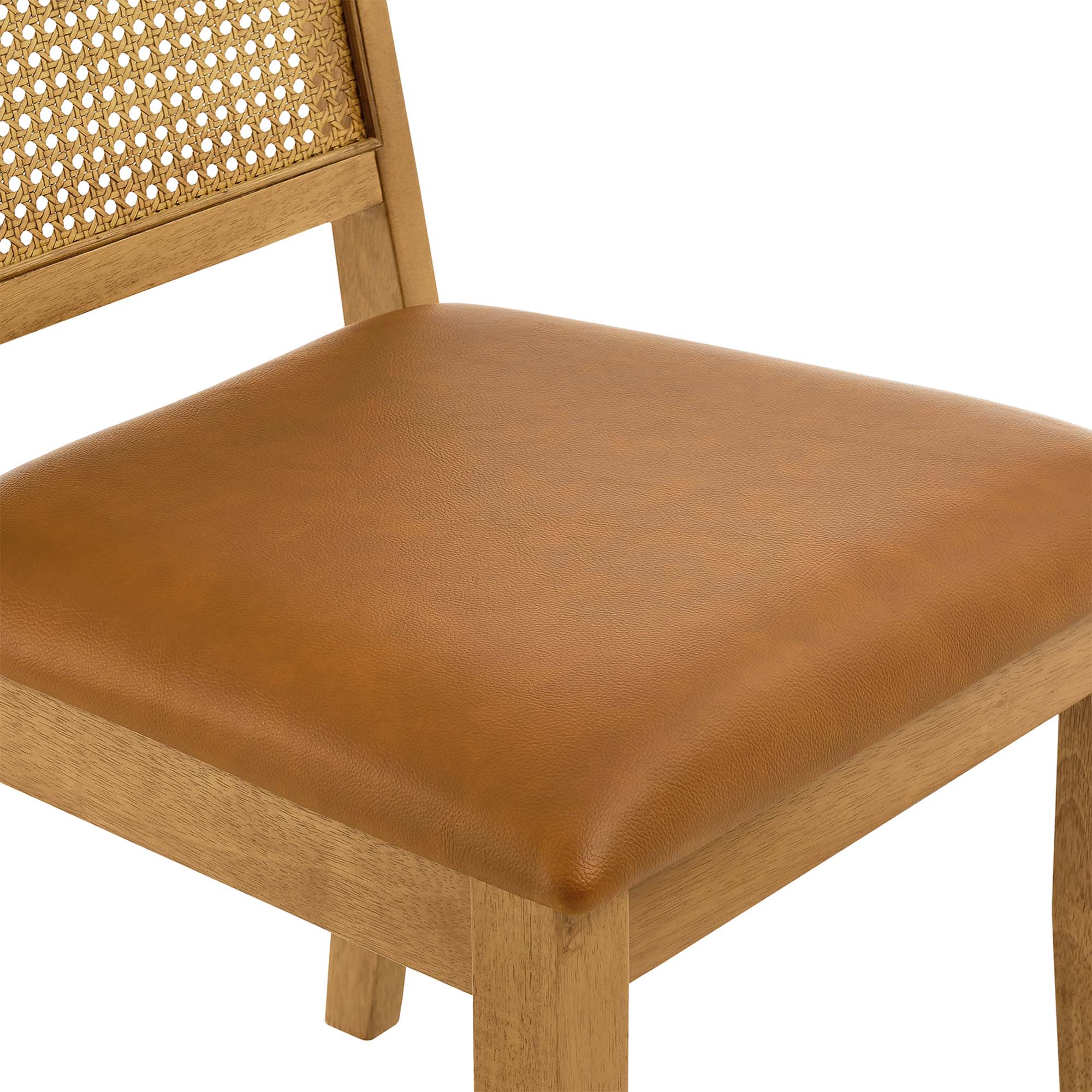 Arlo Vegan Leather Upholstered Faux Rattan and Wood Dining Side Chairs Set of 2, Natural Natural Tan