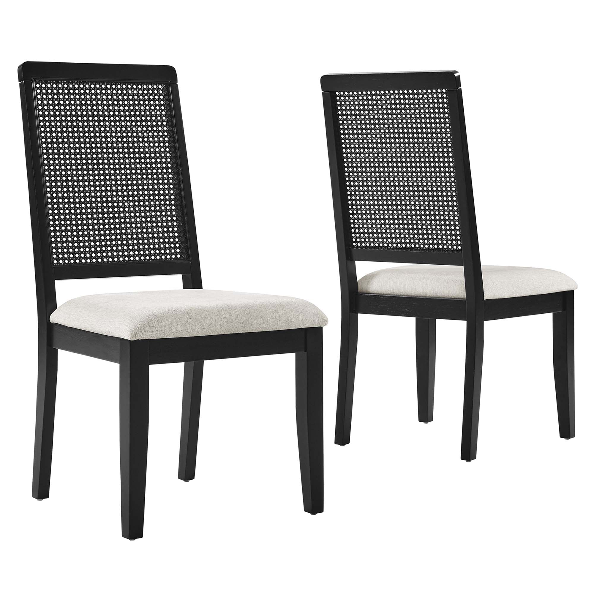 Arlo Faux Rattan and Wood Dining Side Chairs Set of 2, Black Black Heathered Weave Ivory