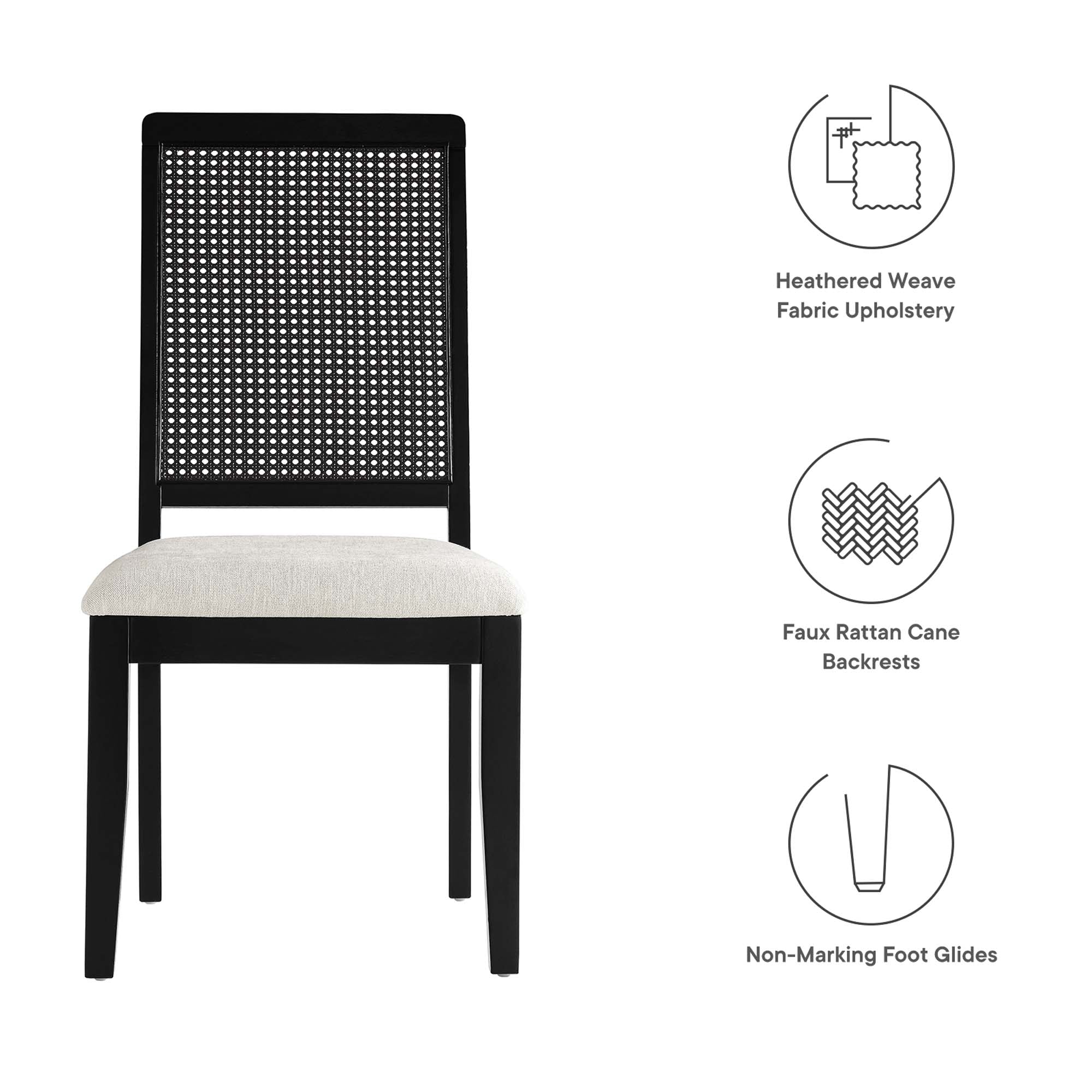 Arlo Faux Rattan and Wood Dining Side Chairs Set of 2, Black Black Heathered Weave Ivory