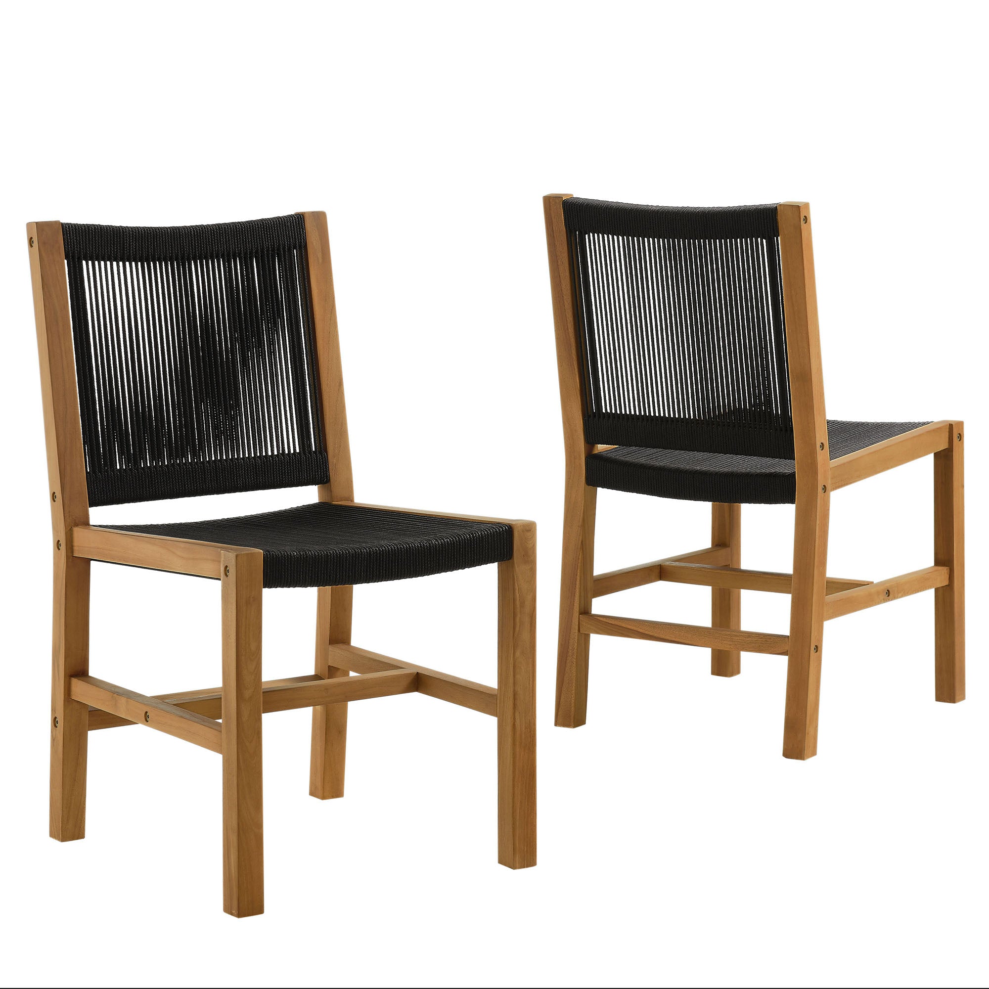 Vienna Outdoor Patio Teak and Rope Armless Dining Chairs Set of 2, Natural Black
