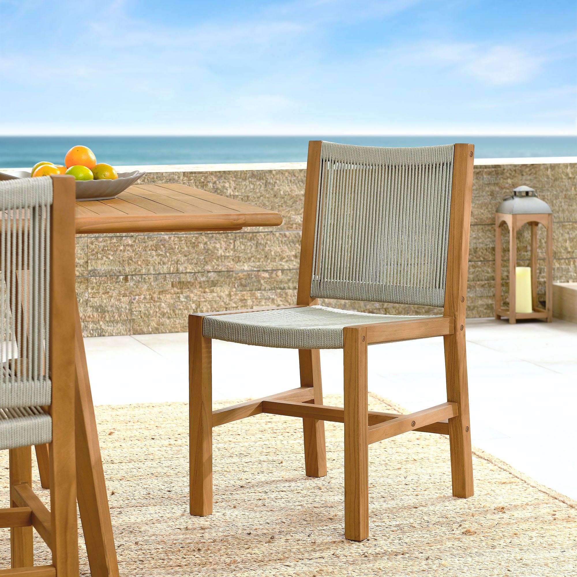 Vienna Outdoor Patio Teak and Rope Armless Dining Chairs Set of 2, Natural Natural