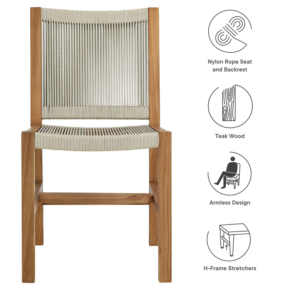Vienna Outdoor Patio Teak and Rope Armless Dining Chairs Set of 2, Natural Natural