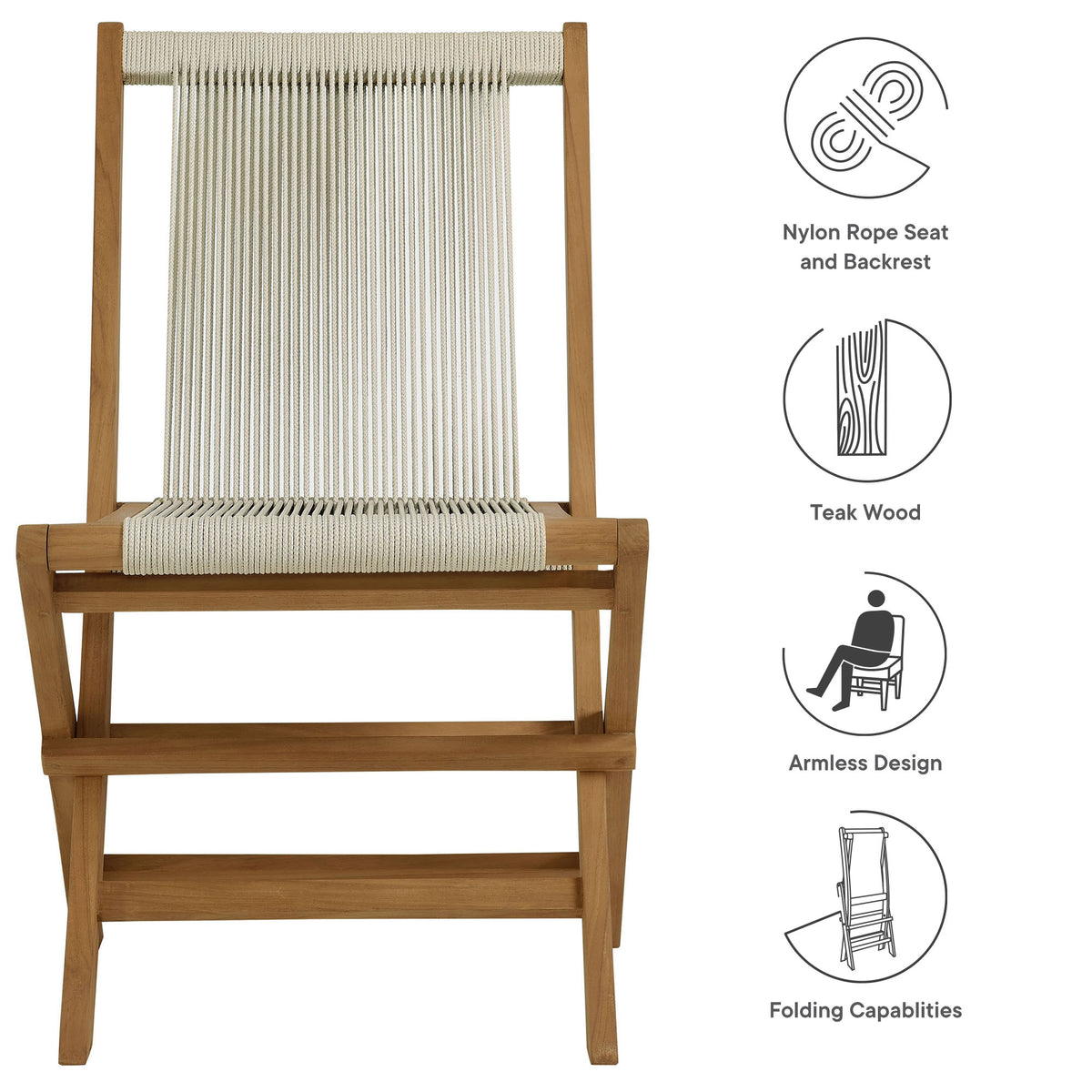 Vienna Outdoor Patio Teak and Rope Folding Chairs Set of 4, Natural Natural