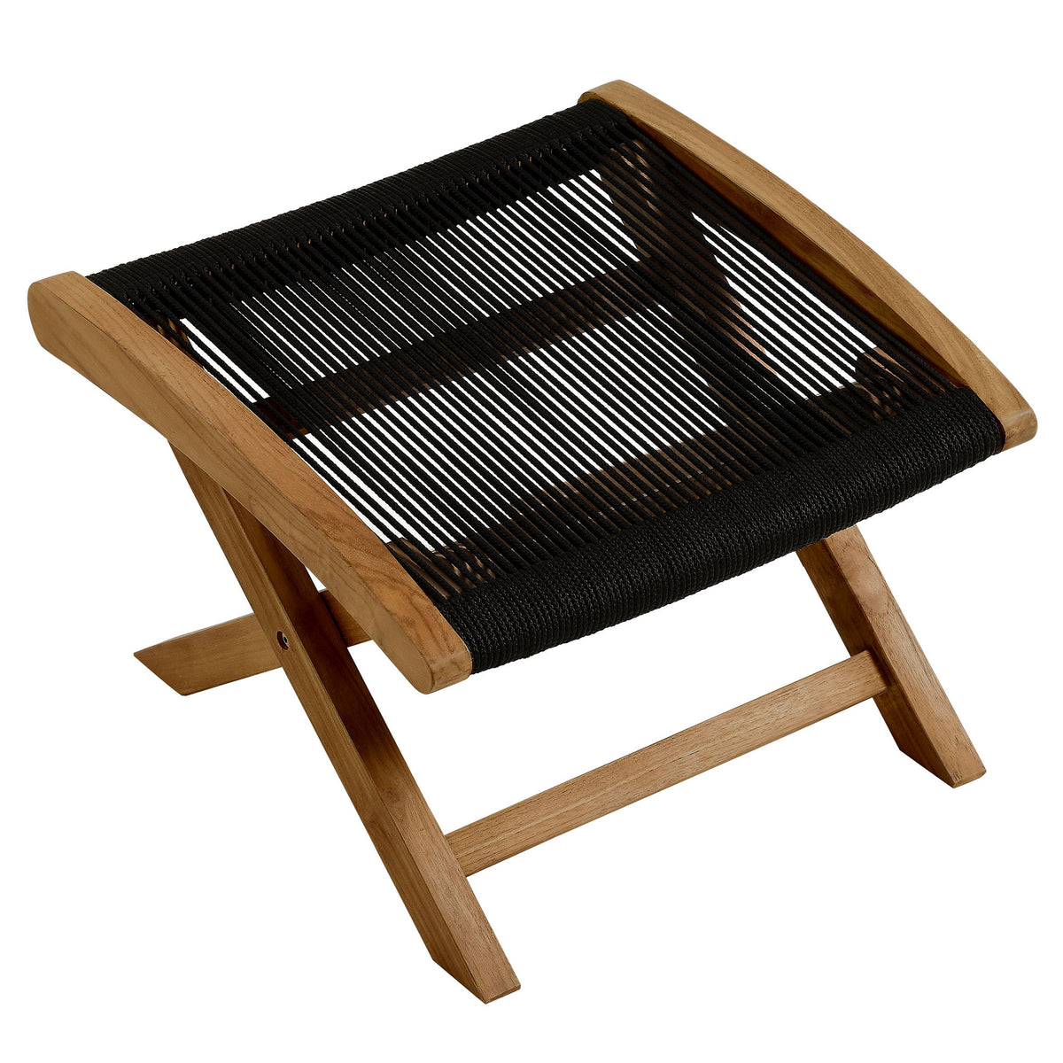 Vienna Outdoor Patio Teak and Rope Folding Ottoman, Natural Black
