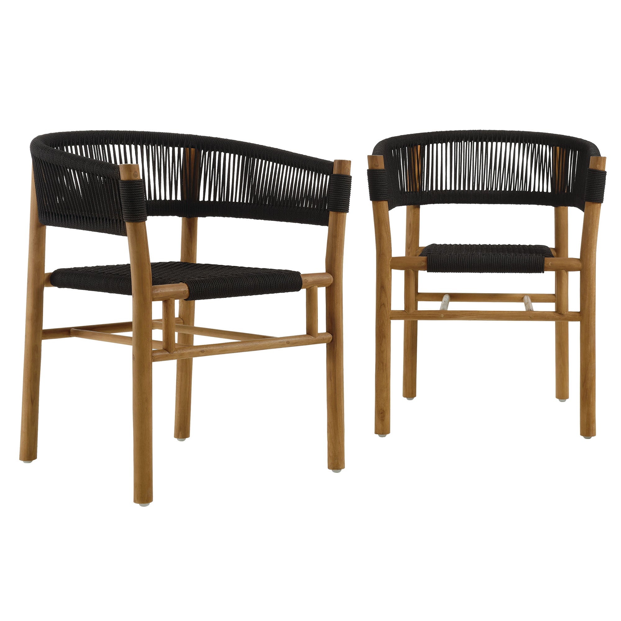 Vienna Outdoor Patio Teak and Rope Curved-Back Dining Armchairs Set of 2, Natural Black