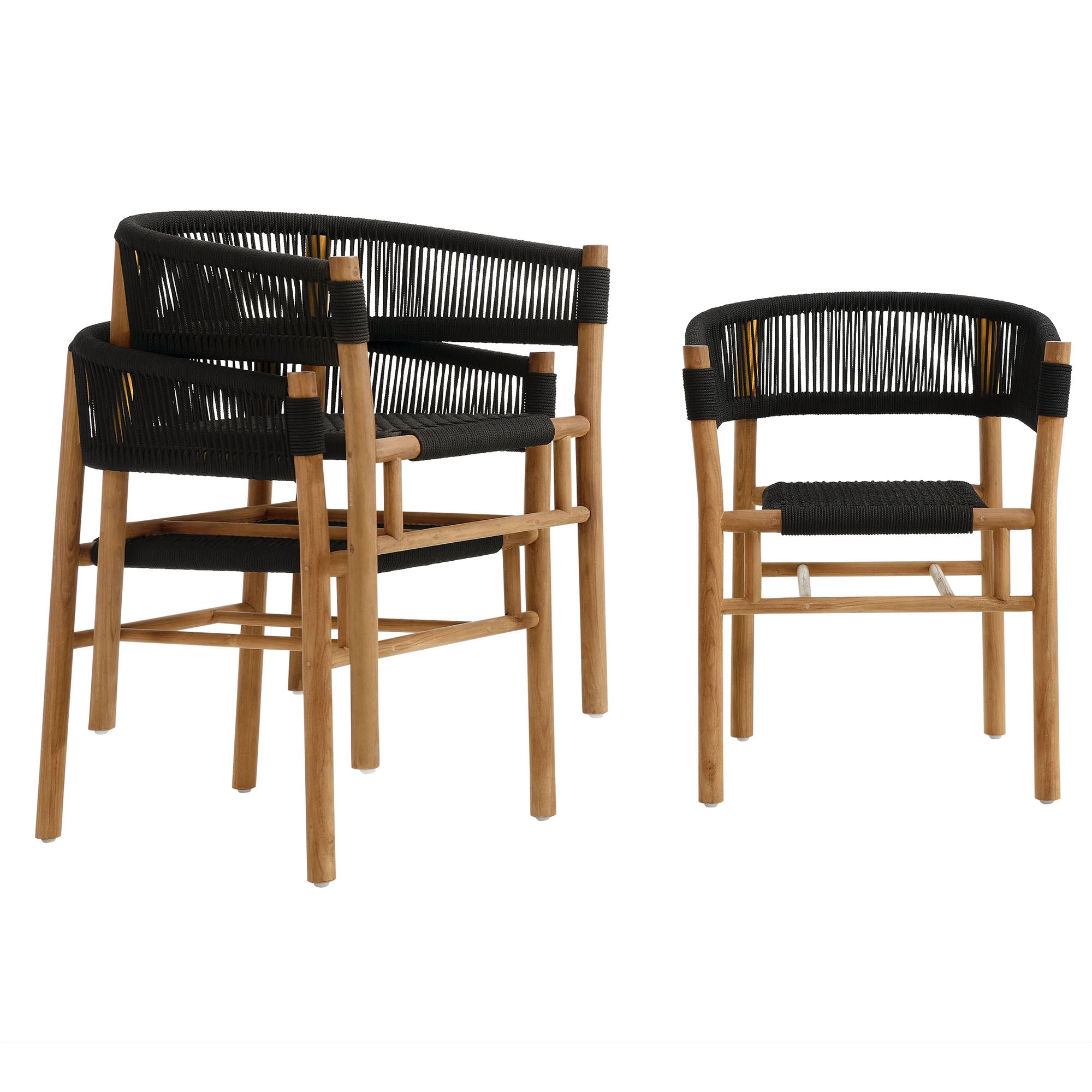 Vienna Outdoor Patio Teak and Rope Curved-Back Dining Armchairs Set of 2, Natural Black