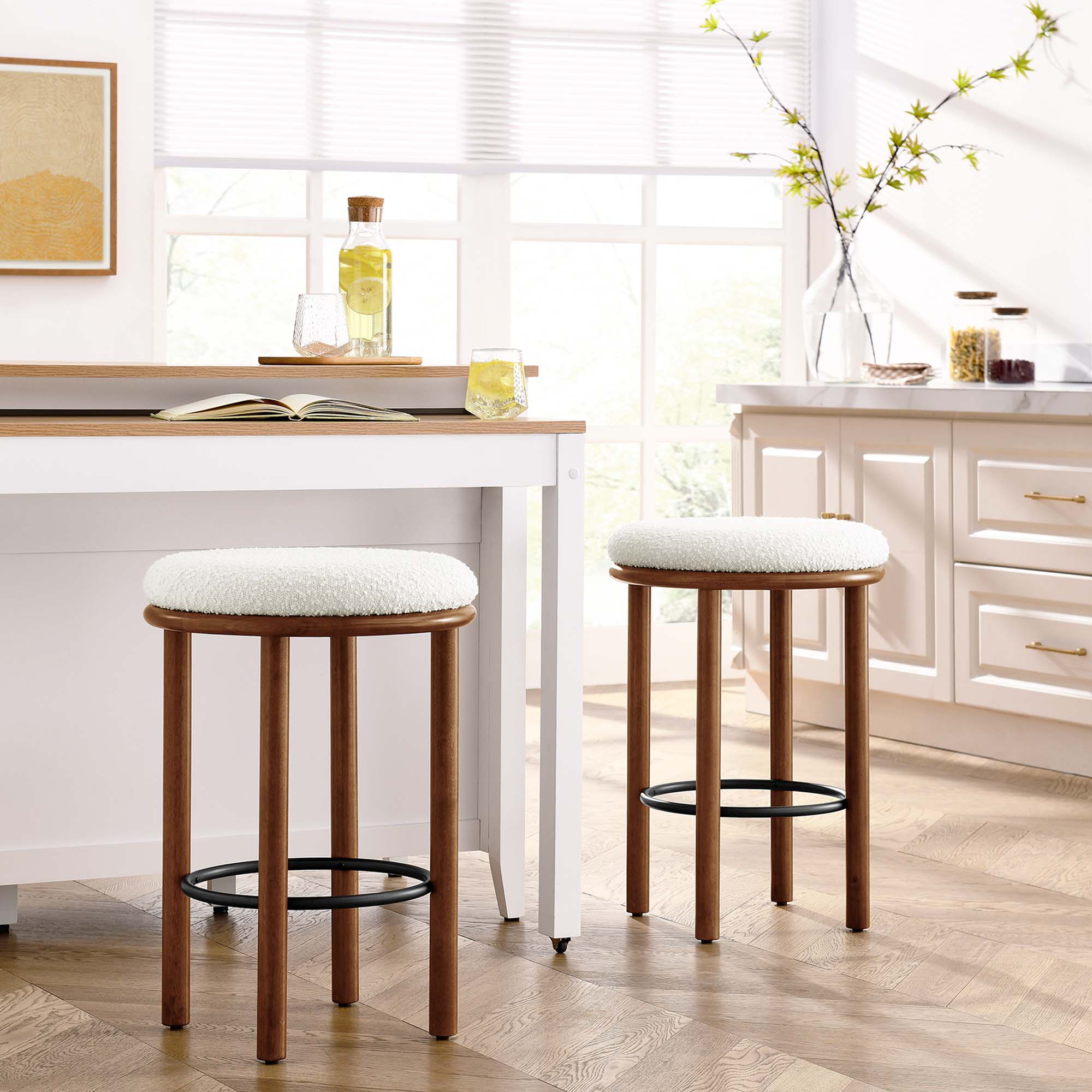 Fable Boucle Fabric Counter Stools Set of 2, Walnut Ivory