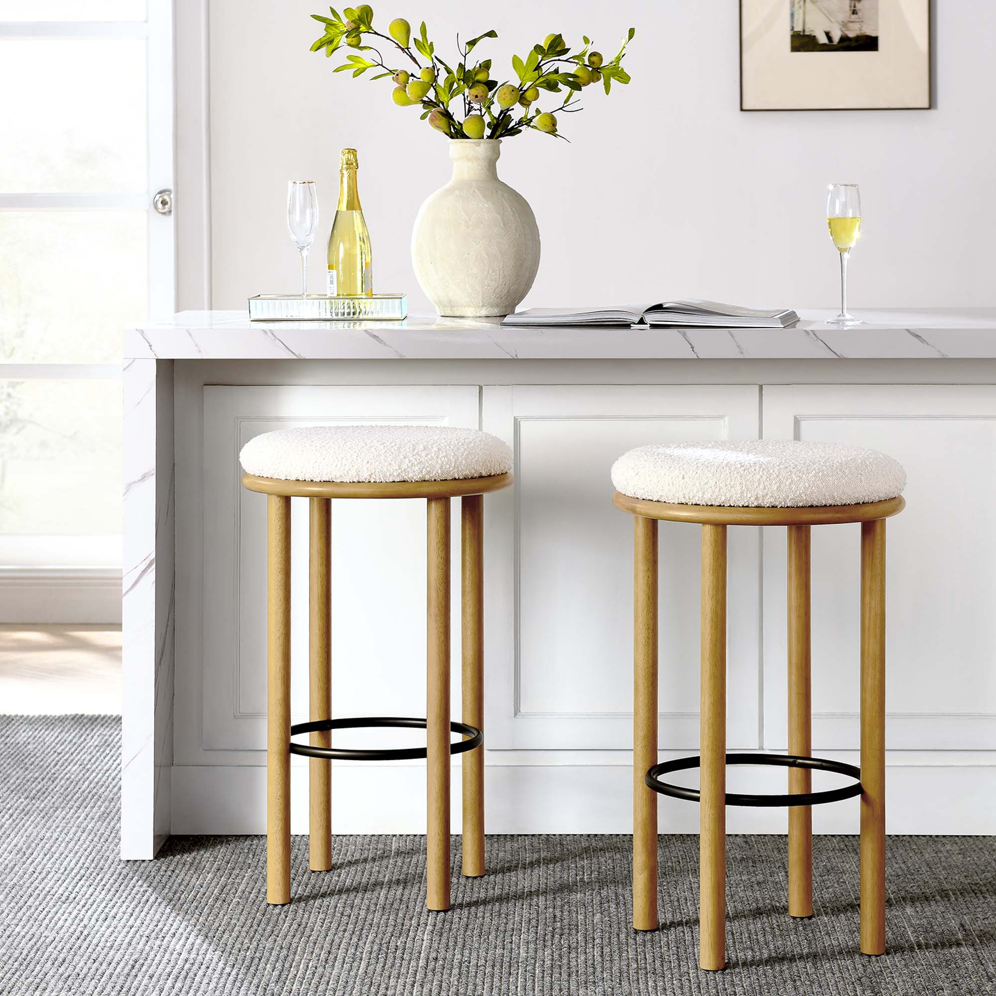 Fable Boucle Fabric Bar Stools Set of 2, Oak Ivory
