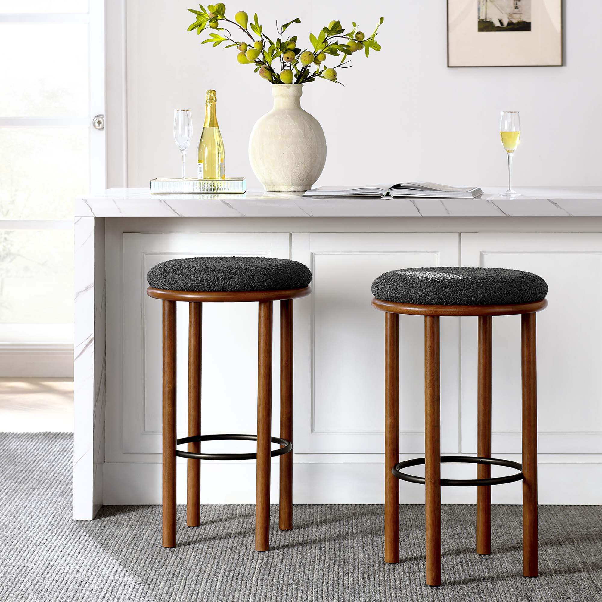 Fable Boucle Fabric Bar Stools Set of 2, Walnut Charcoal