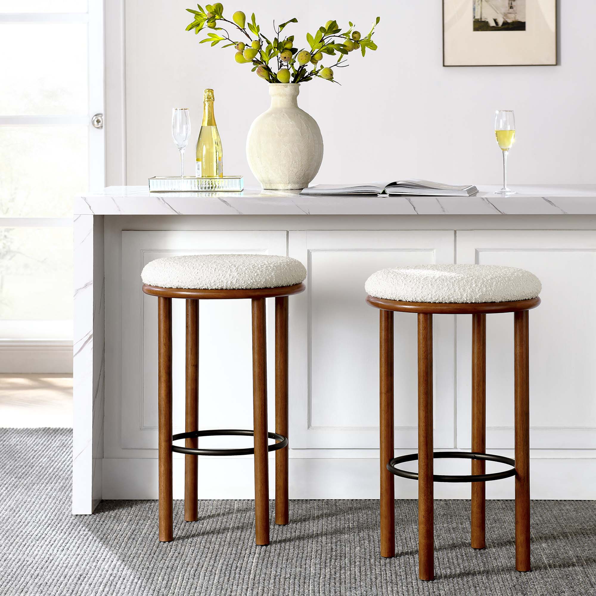 Fable Boucle Fabric Bar Stools Set of 2, Walnut Ivory
