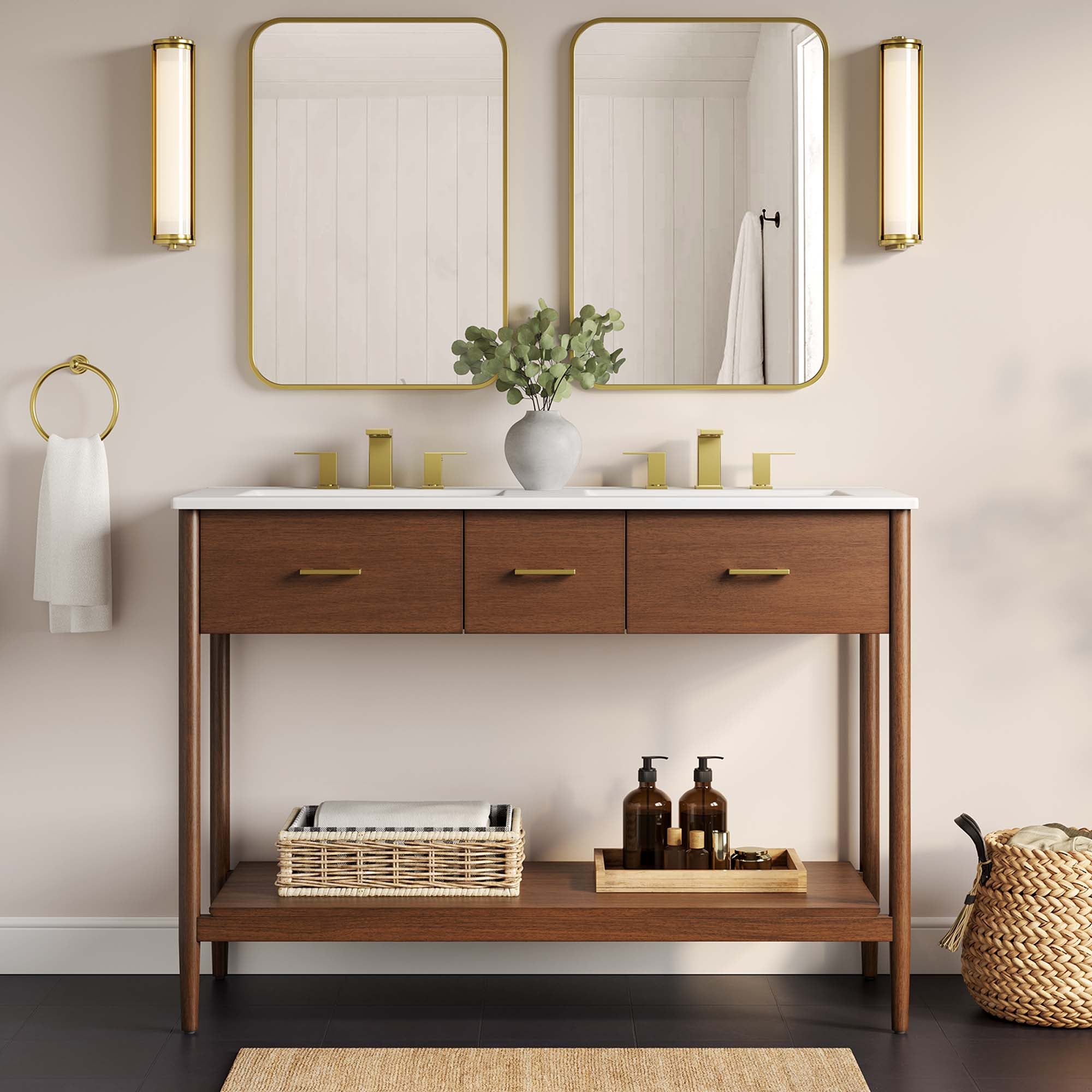 Zaire 48" Double Sink Bathroom Vanity, Walnut White