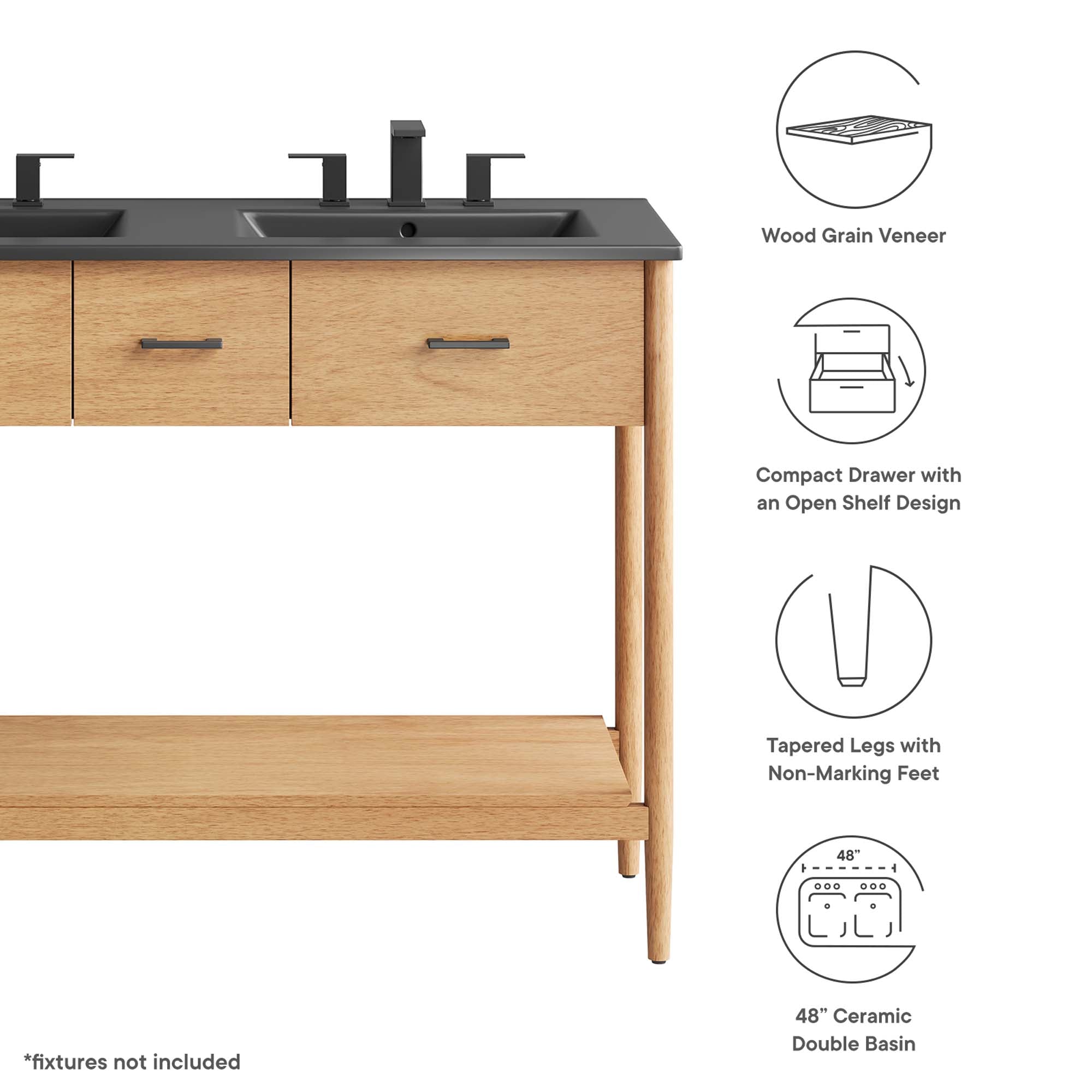 Zaire 48" Double Sink Bathroom Vanity, Natural Black