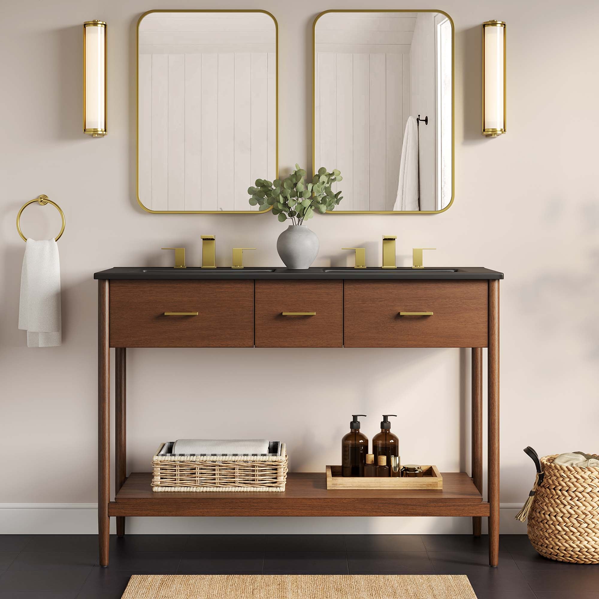 Zaire 48" Double Sink Bathroom Vanity, Walnut Black