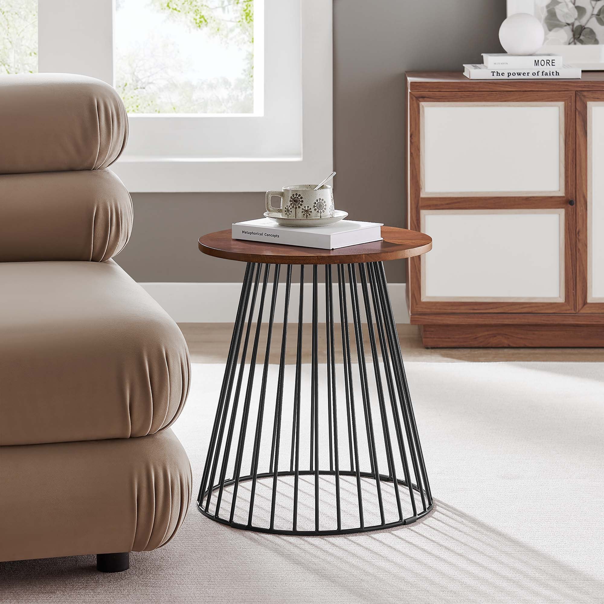 Valeo Round Wood and Metal Side Table, Walnut