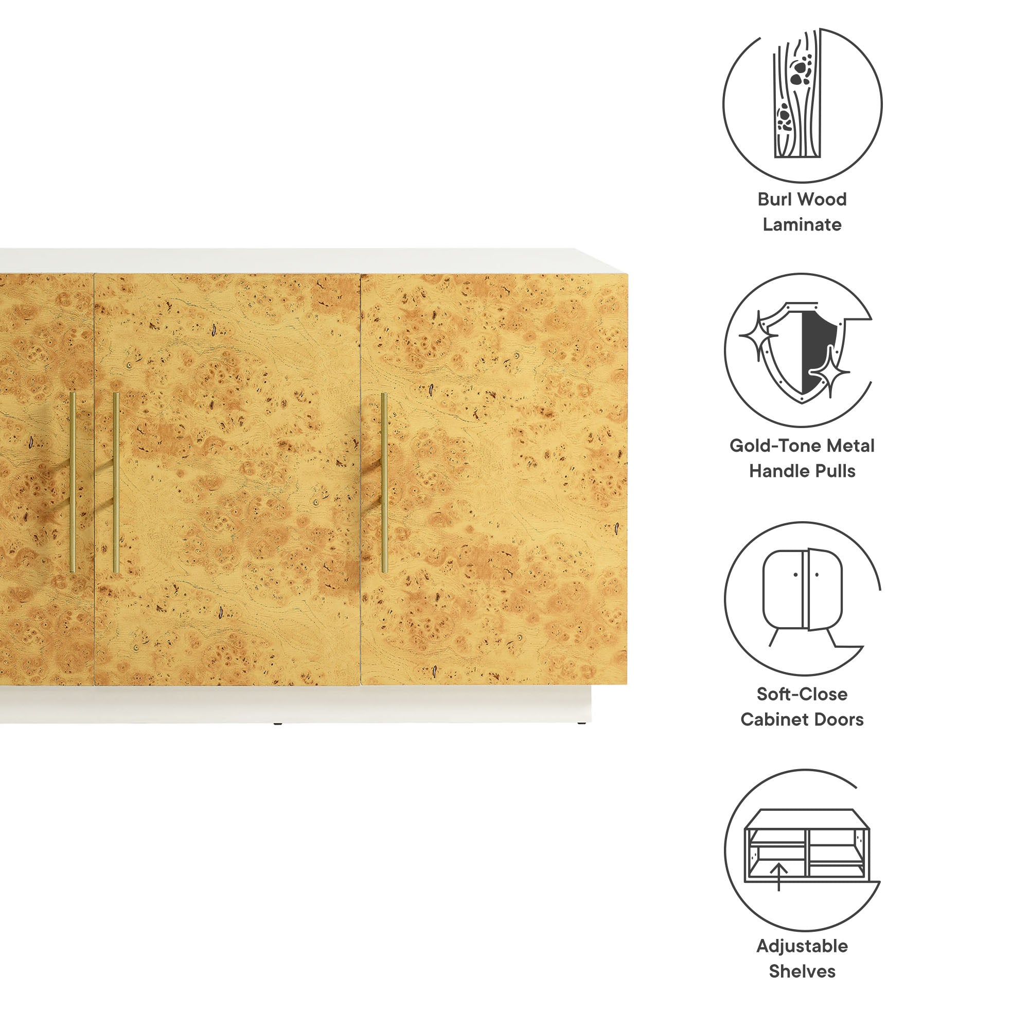 Abel 69 Inch Burl Wood Sideboard Buffet TV Stand, White Bleached Burl